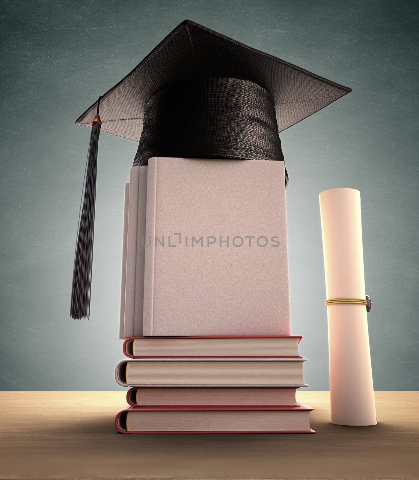 Graduation cap over the pile of books. Your image or text on the cover book. Clipping path included.