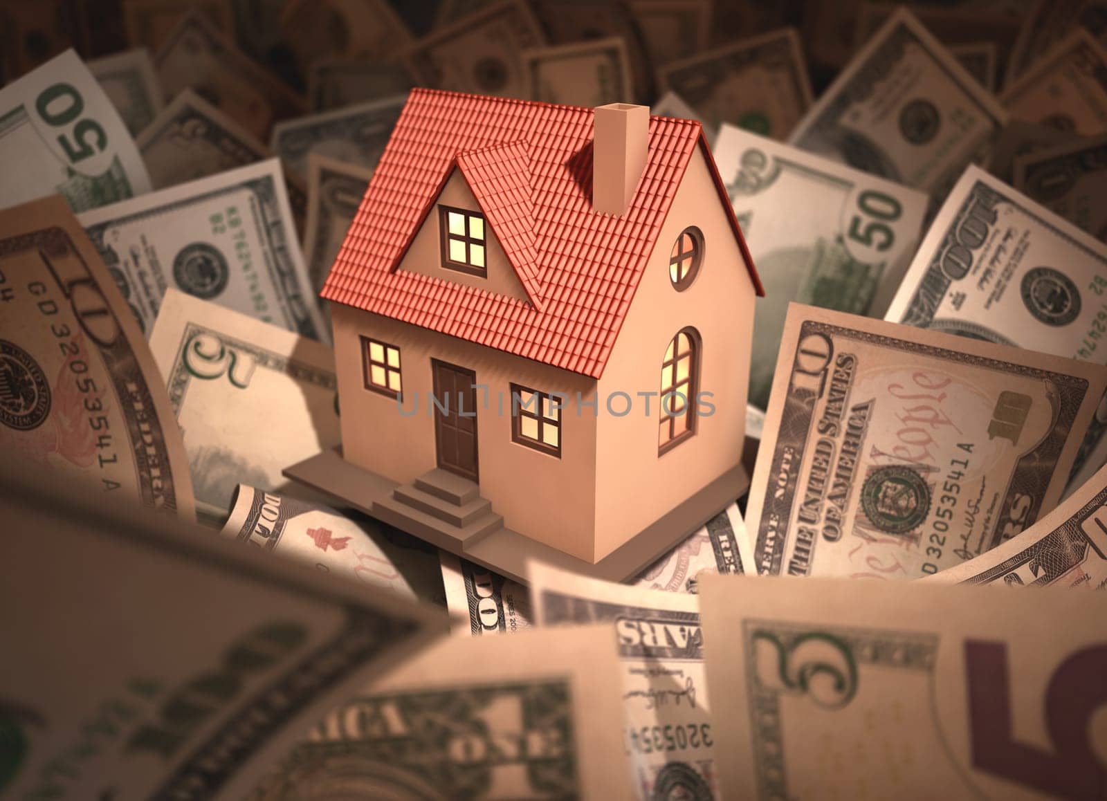 Small house surrounded by money with deph of field.