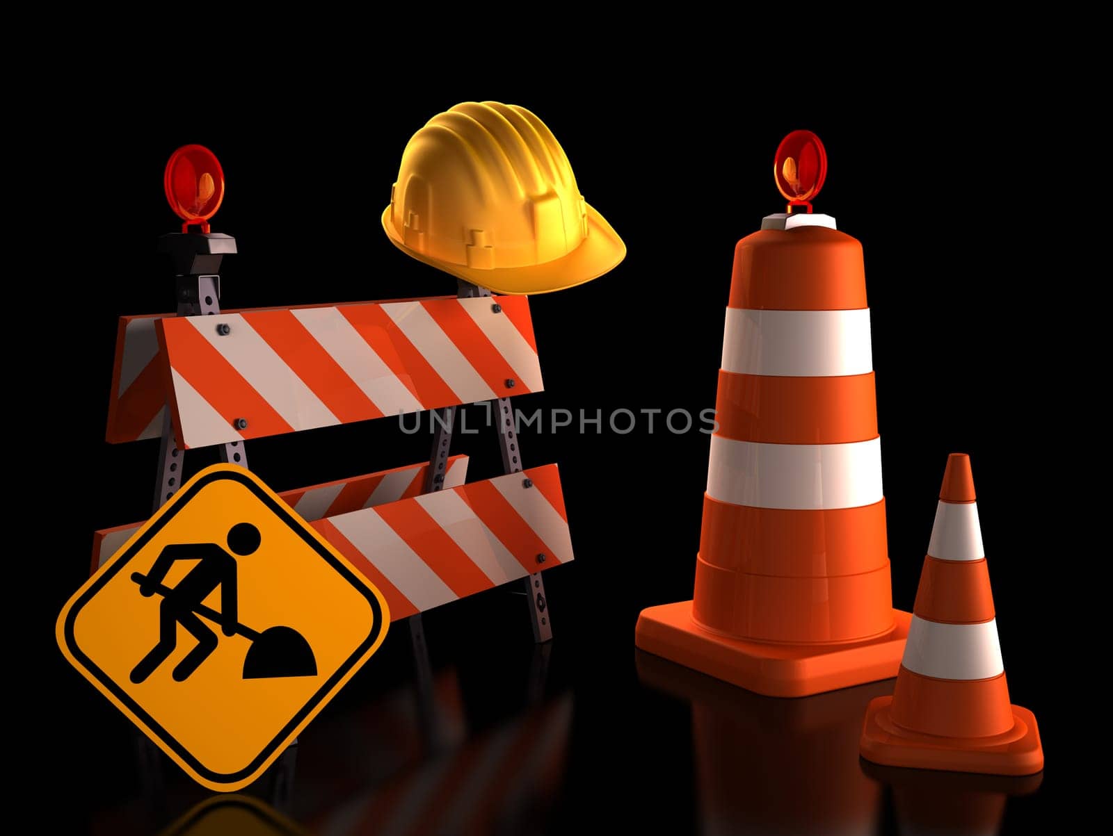 Street signs with hard hat on black background. Clipping path included.