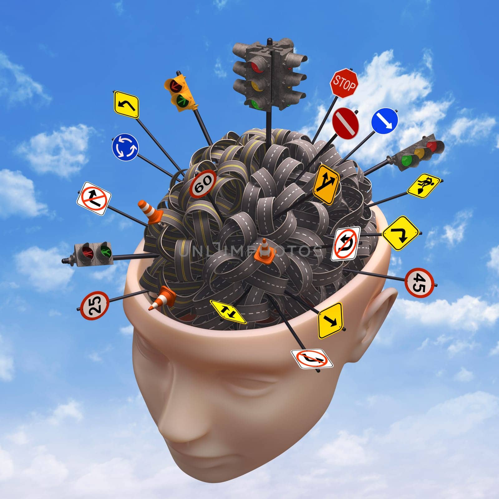Several highways intertwined forming a human brain. Concept of confused mind. Concept of the complexity of the human brain. Clipping path included.
