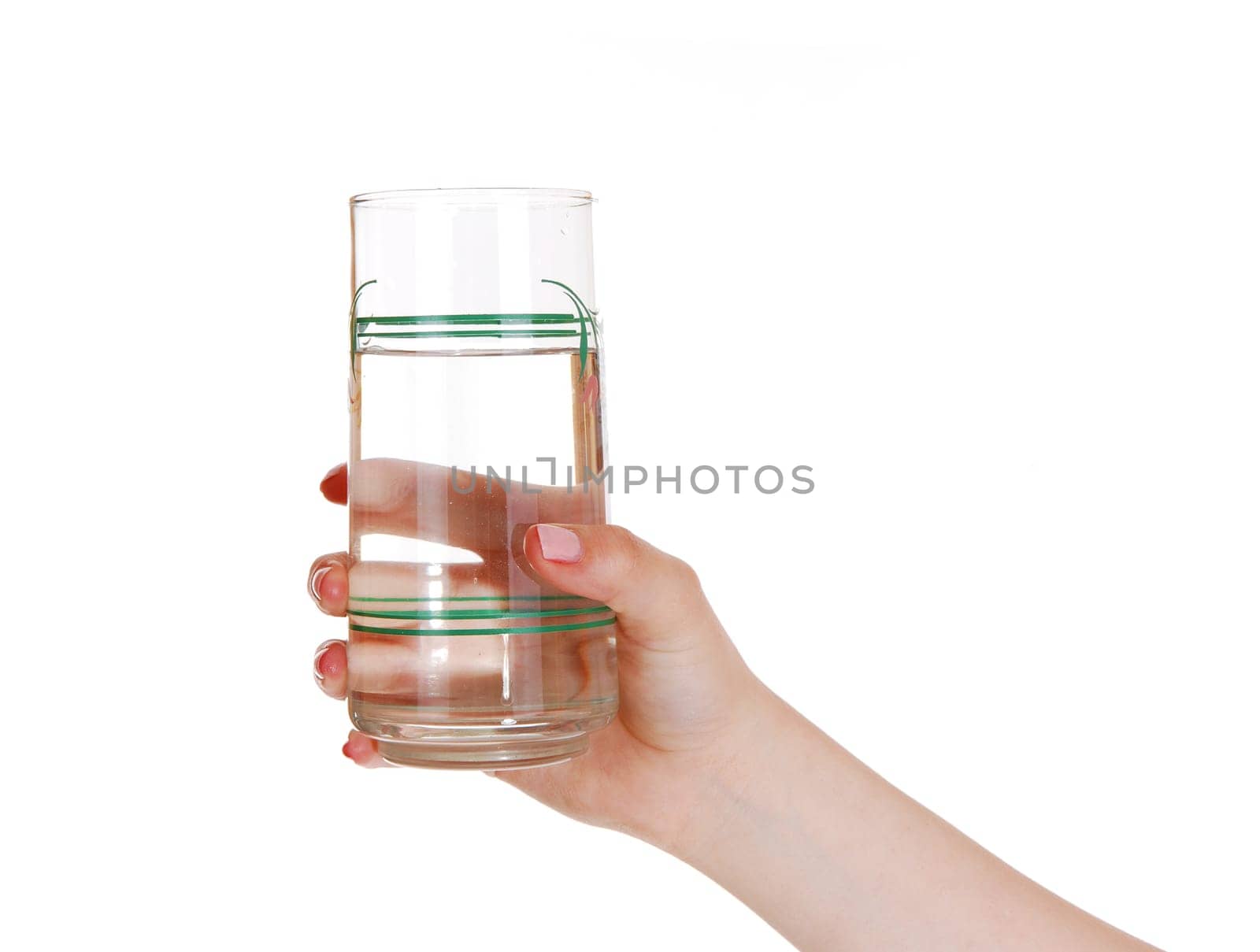 A woman's hand holding a glass of water, isolated for white.background..