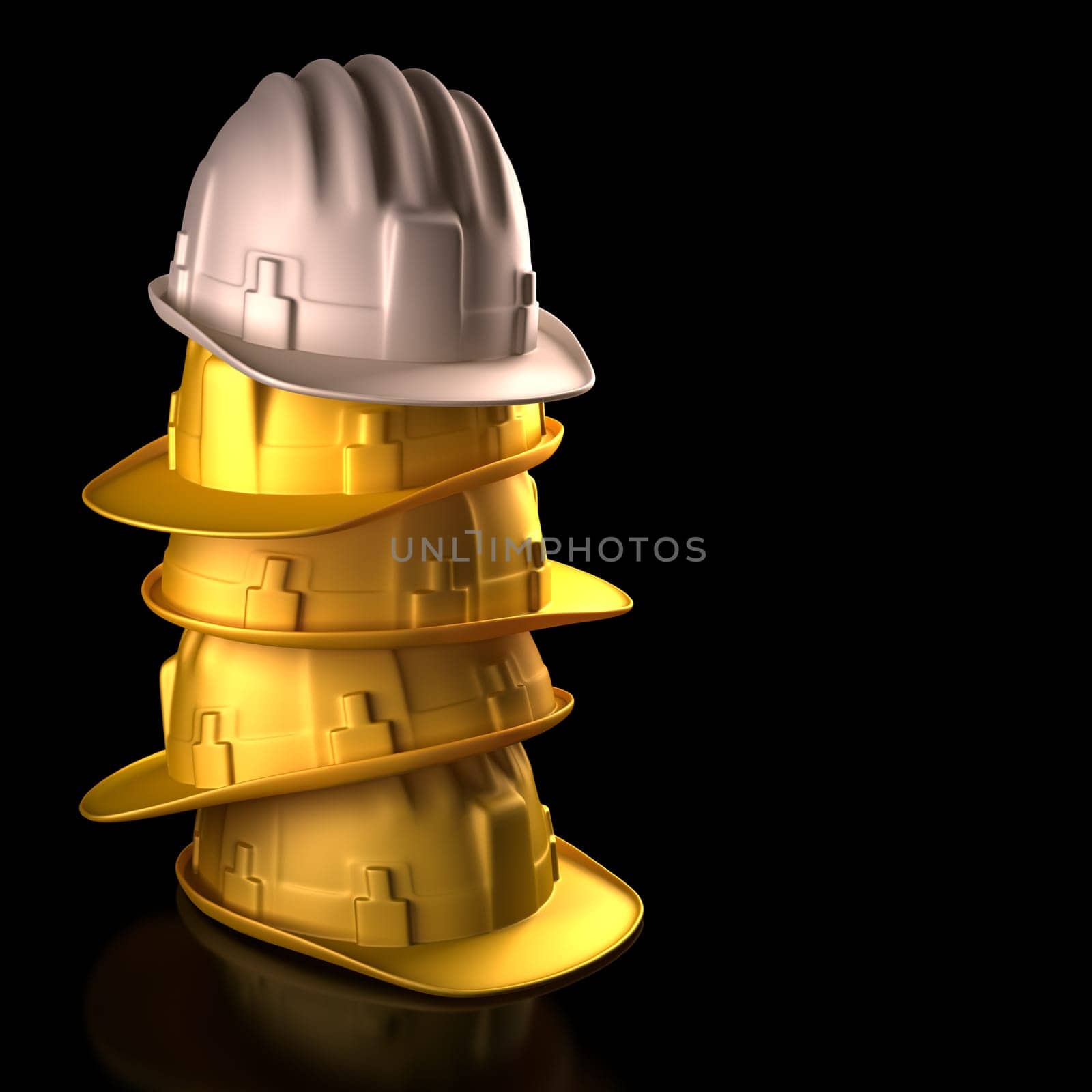 White hard hat at the top of the stacking. Your text on black space. Clipping path included.