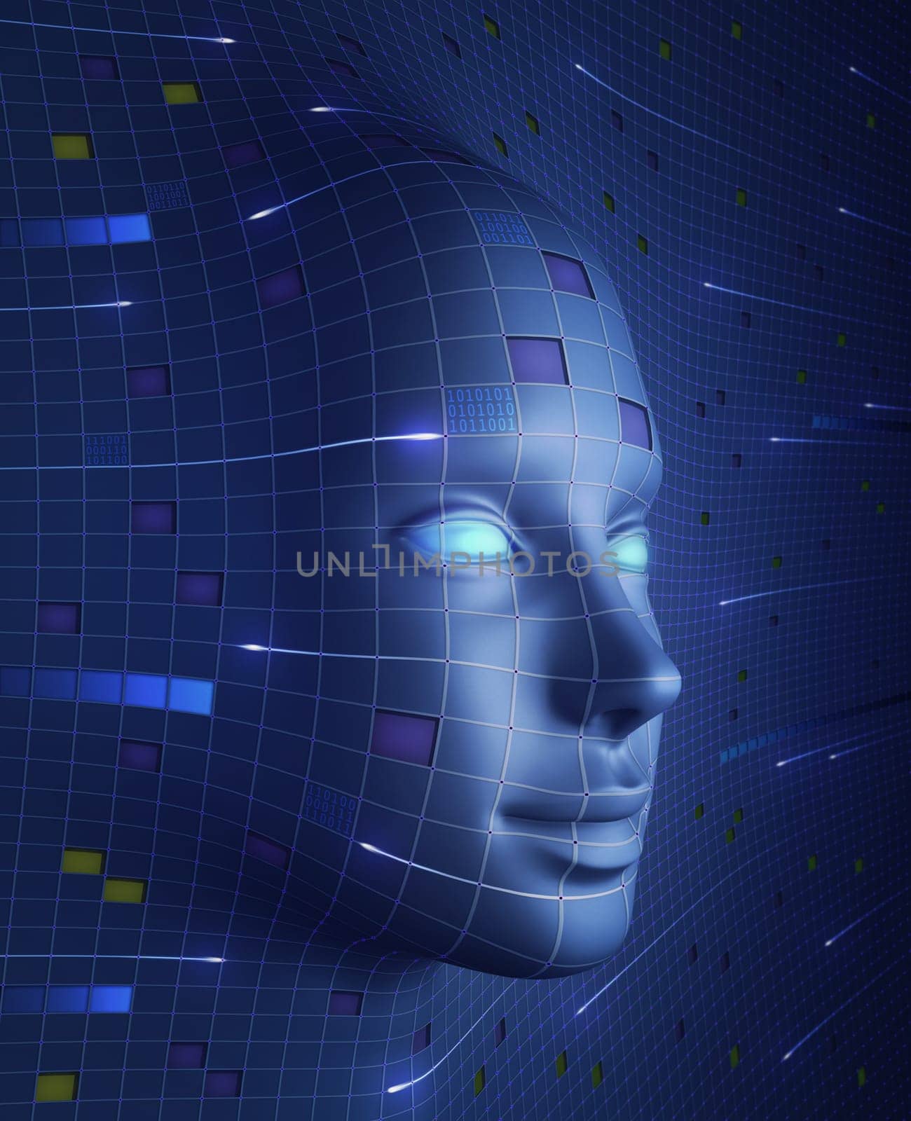 Human face with symbols and draws that represent the technology in people's lives.