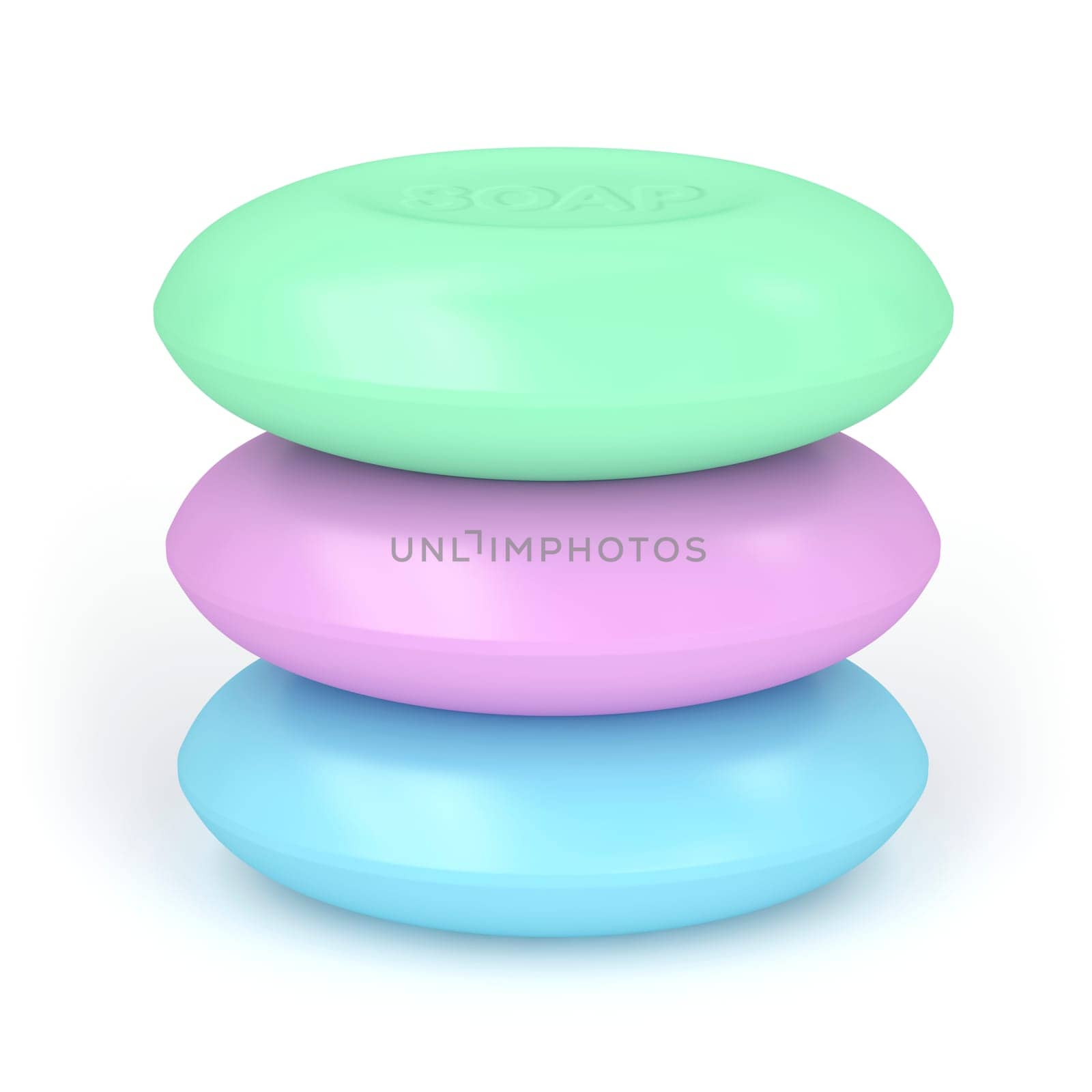 Stack of colorful soap bars on white background