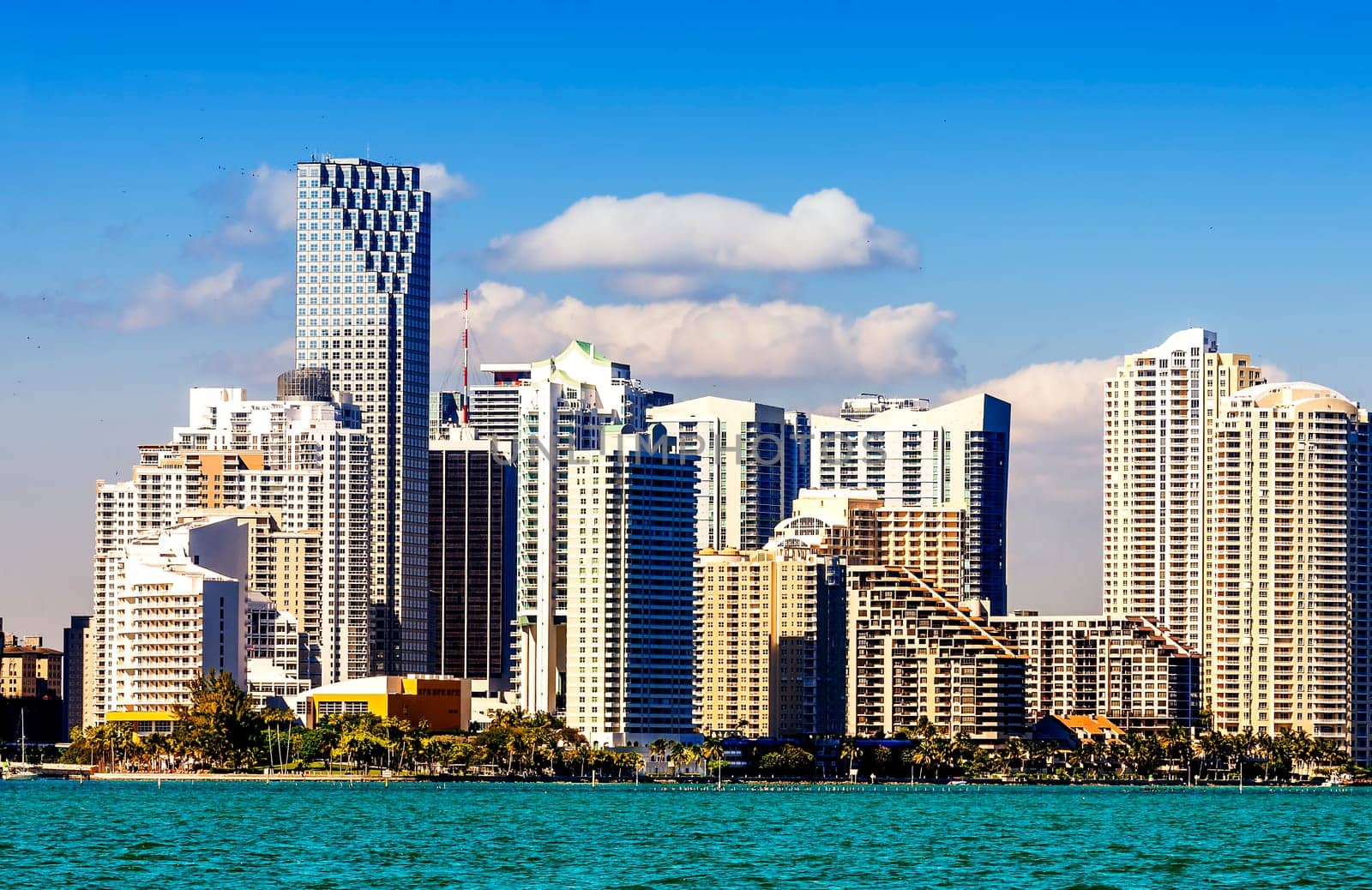 Miami Downtown skyline in daytime with Biscayne Bay.