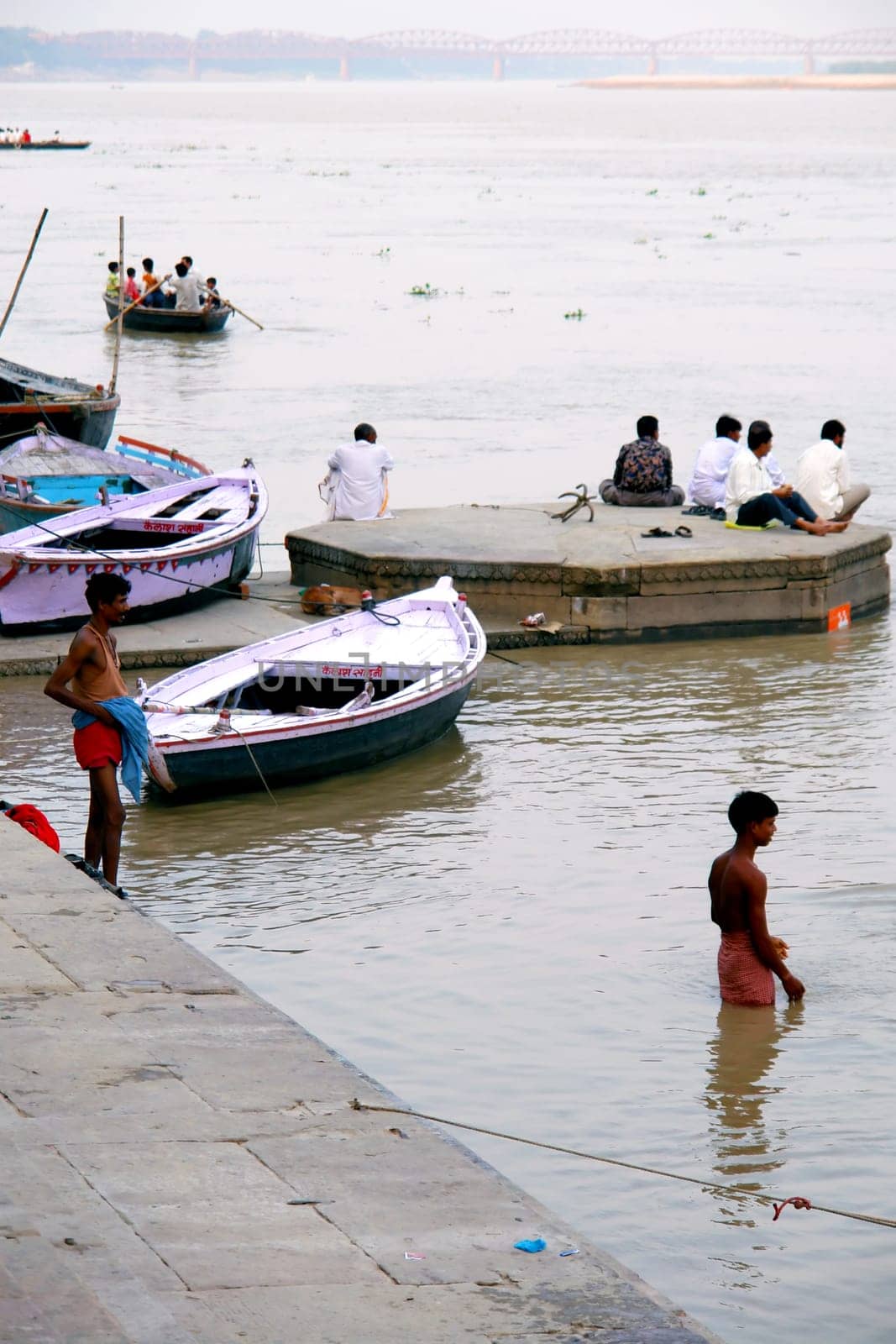 Boats on Ganges holy river in Varanasi, India