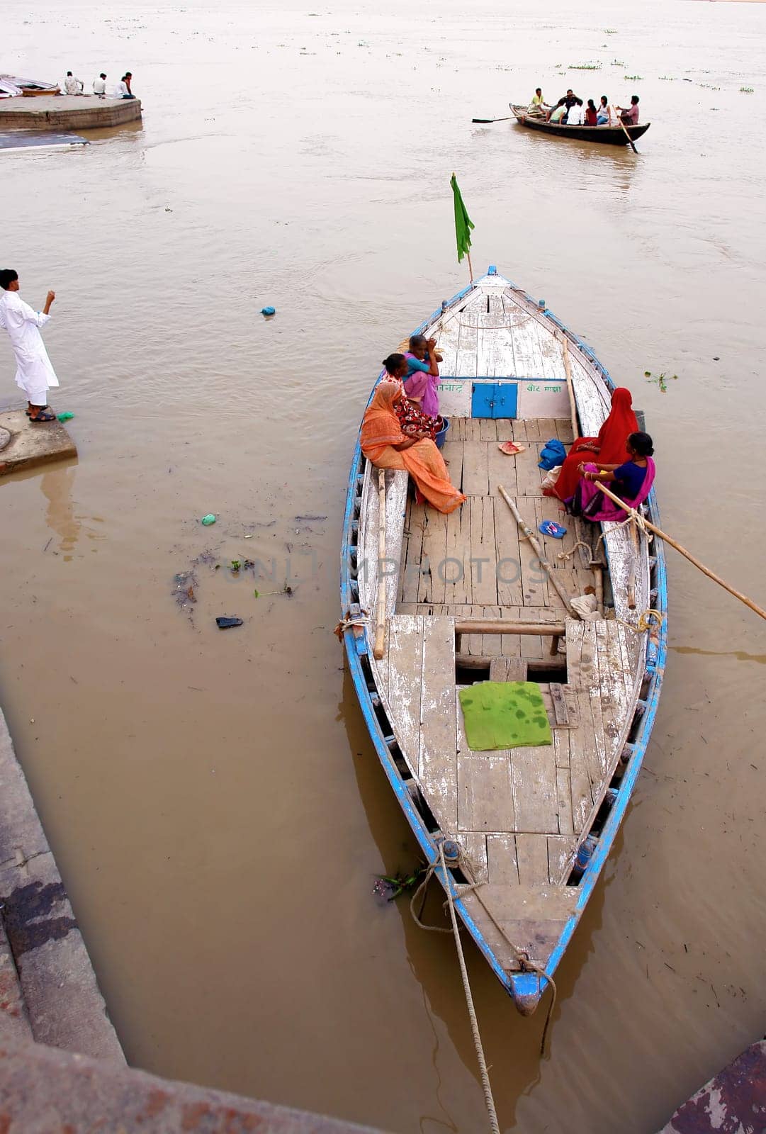 Boats on Ganges holy river in Varanasi, India