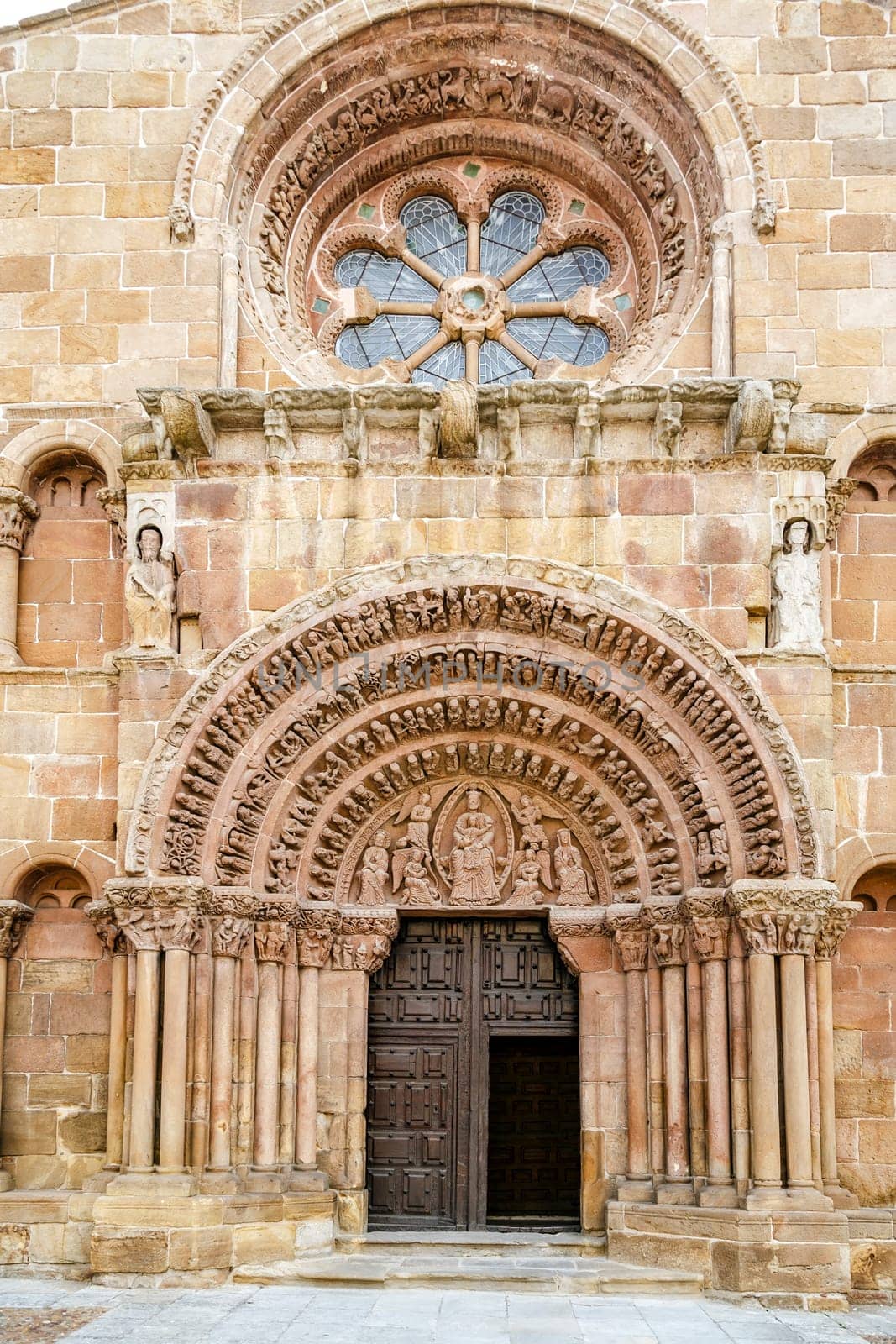 detail of the Romanesque facade of the Romanesque church of Santo Domingo in Soria, Castilla-Leon, Spain