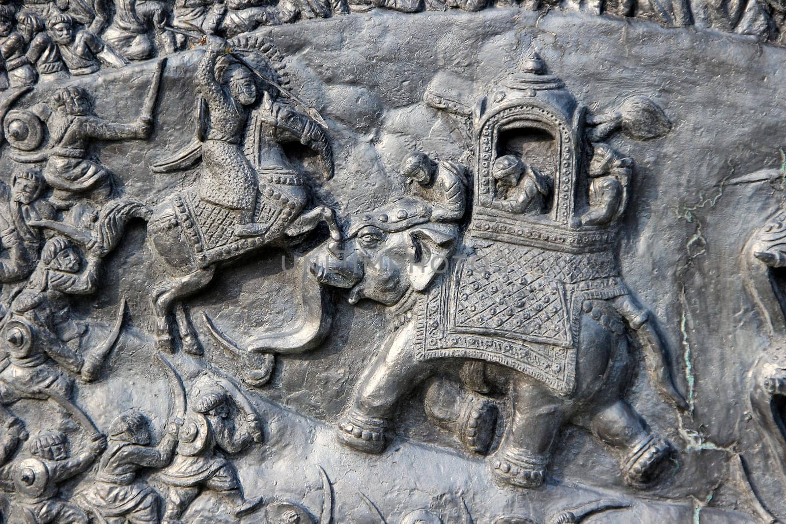 Close-up of bas-relief carving of Haldighat war scene at Pratap Smarak on Moti Magri Hill in Udaipur, Gujarat, India, Asia