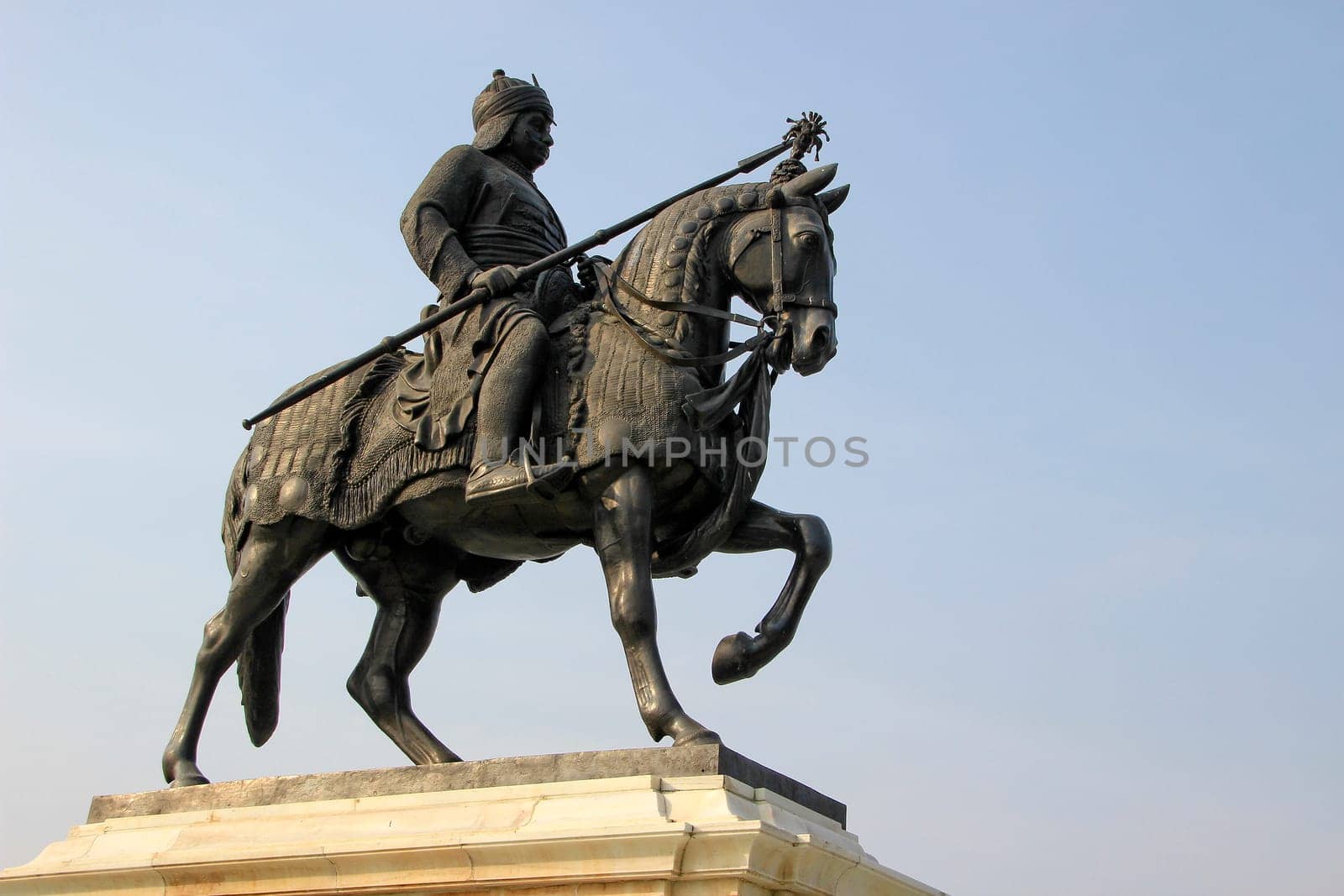 Statue of Maharana Pratap with sword riding on his horse Chetak at Pratap Smarak on Moti Magri Hill in Udaipur, Gujarat, India, Asia