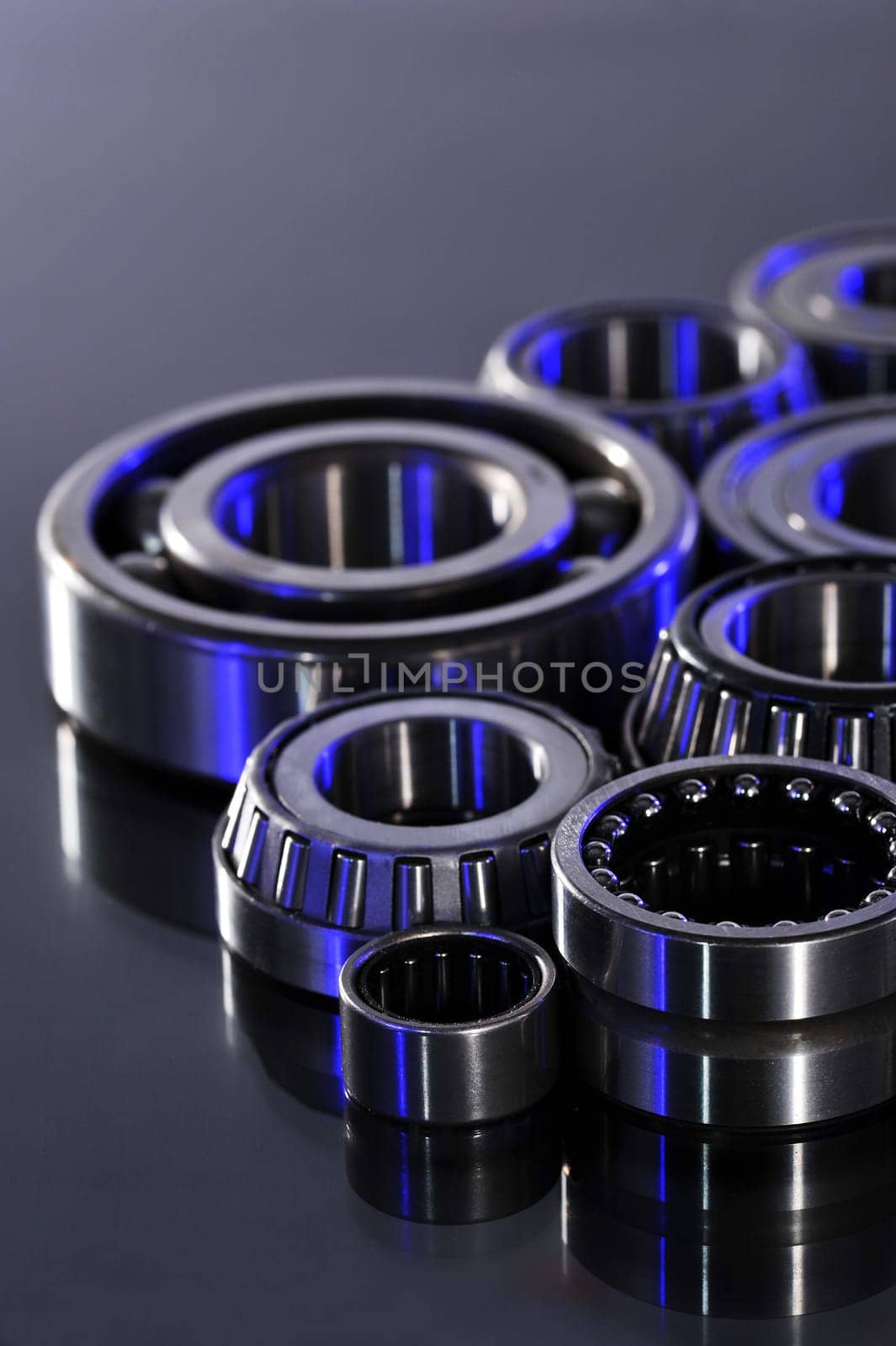 Close-up of various ball bearings in UV light