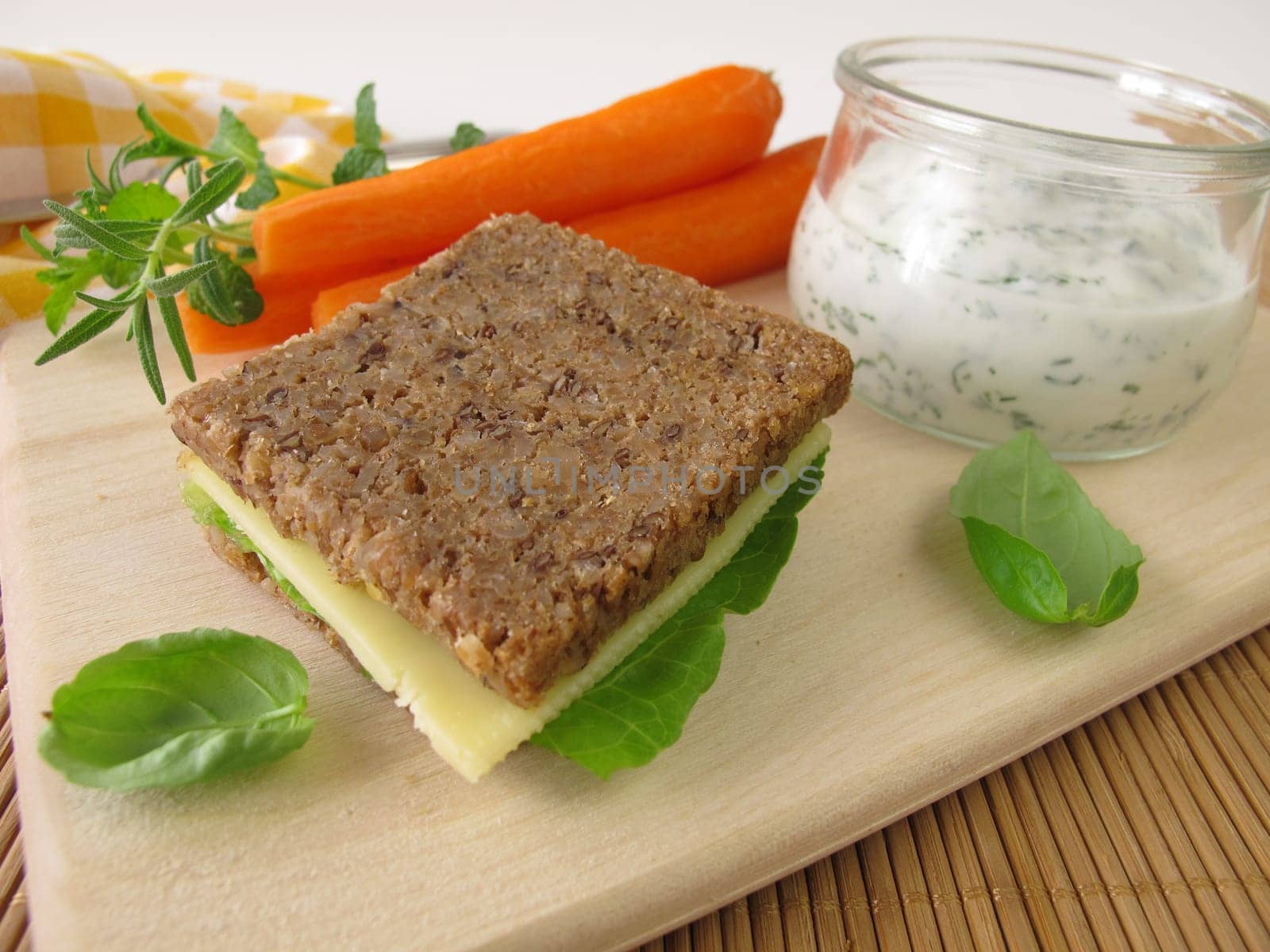 Whole meal bread and carrots with herb yoghurt