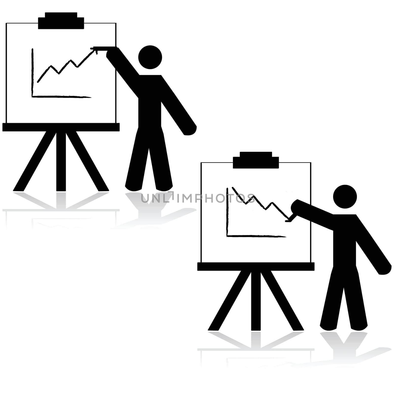 Icon illustration of a man making a presentation showing one graph going up and another going down