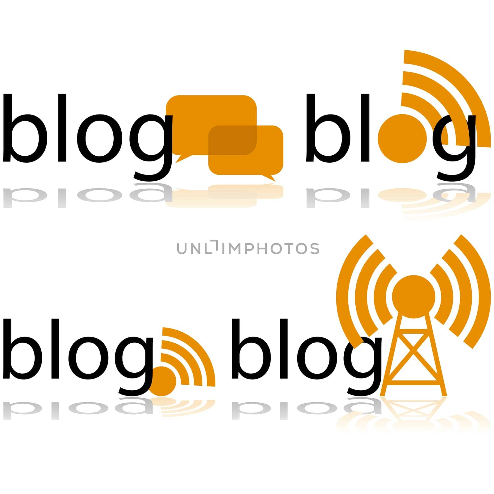 Icon set showing the word blog combined in different ways with smaller symbols for transmission or conversation