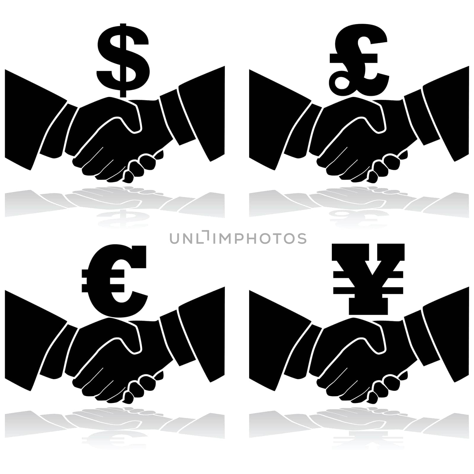 Icon illustration showing a handshake with a currency symbol on top of it