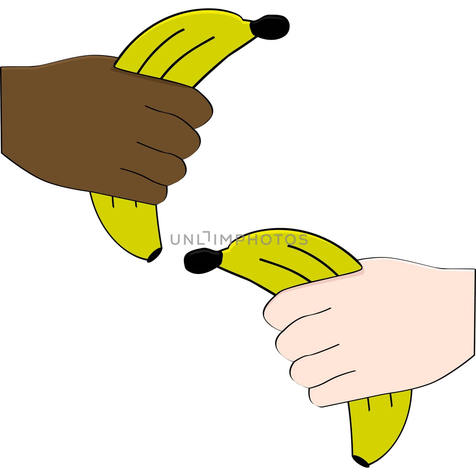 Cartoon illustration showing a pair of hands holding bananas