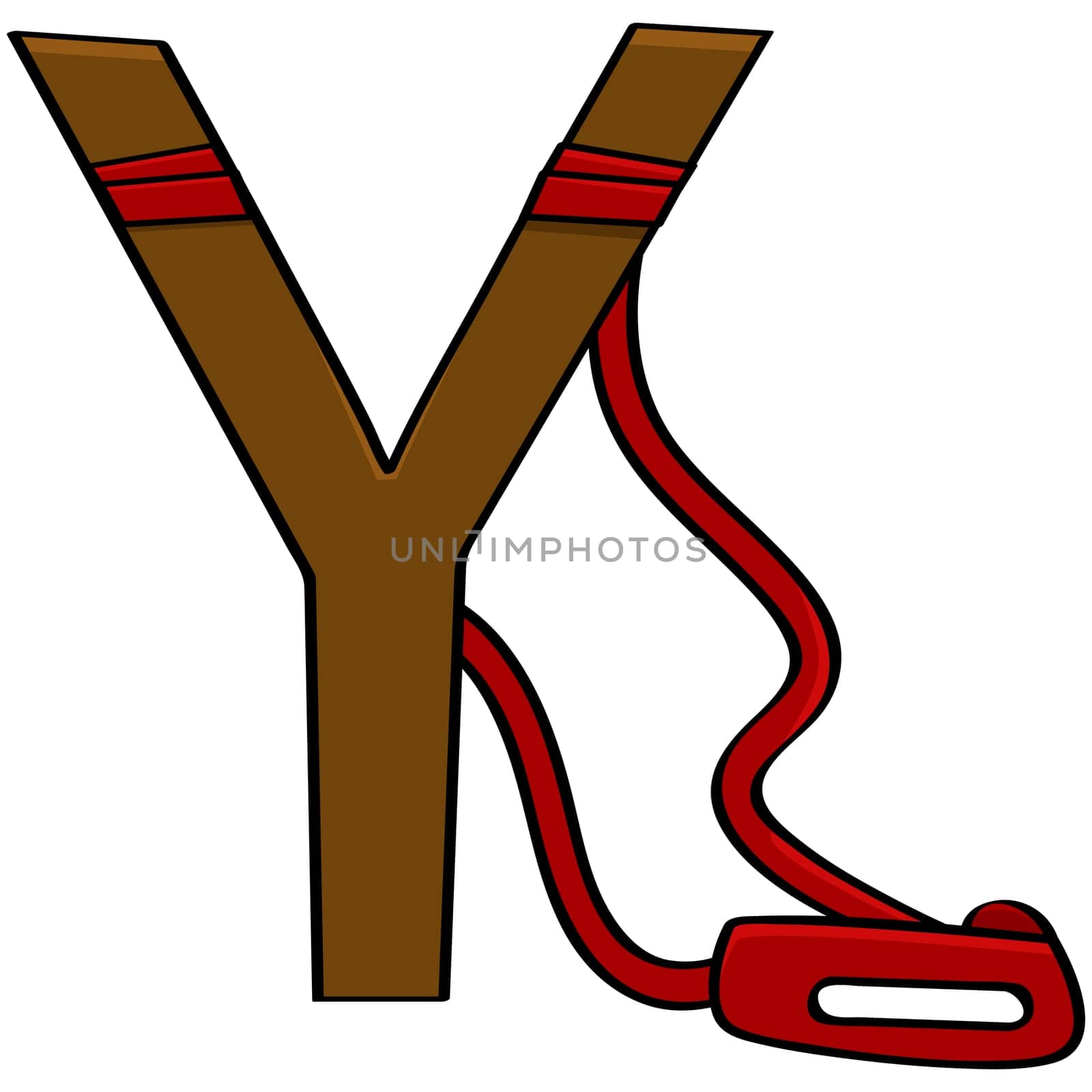 Cartoon illustration showing a rudimentary sling made with a piece of wood and a red rubber band