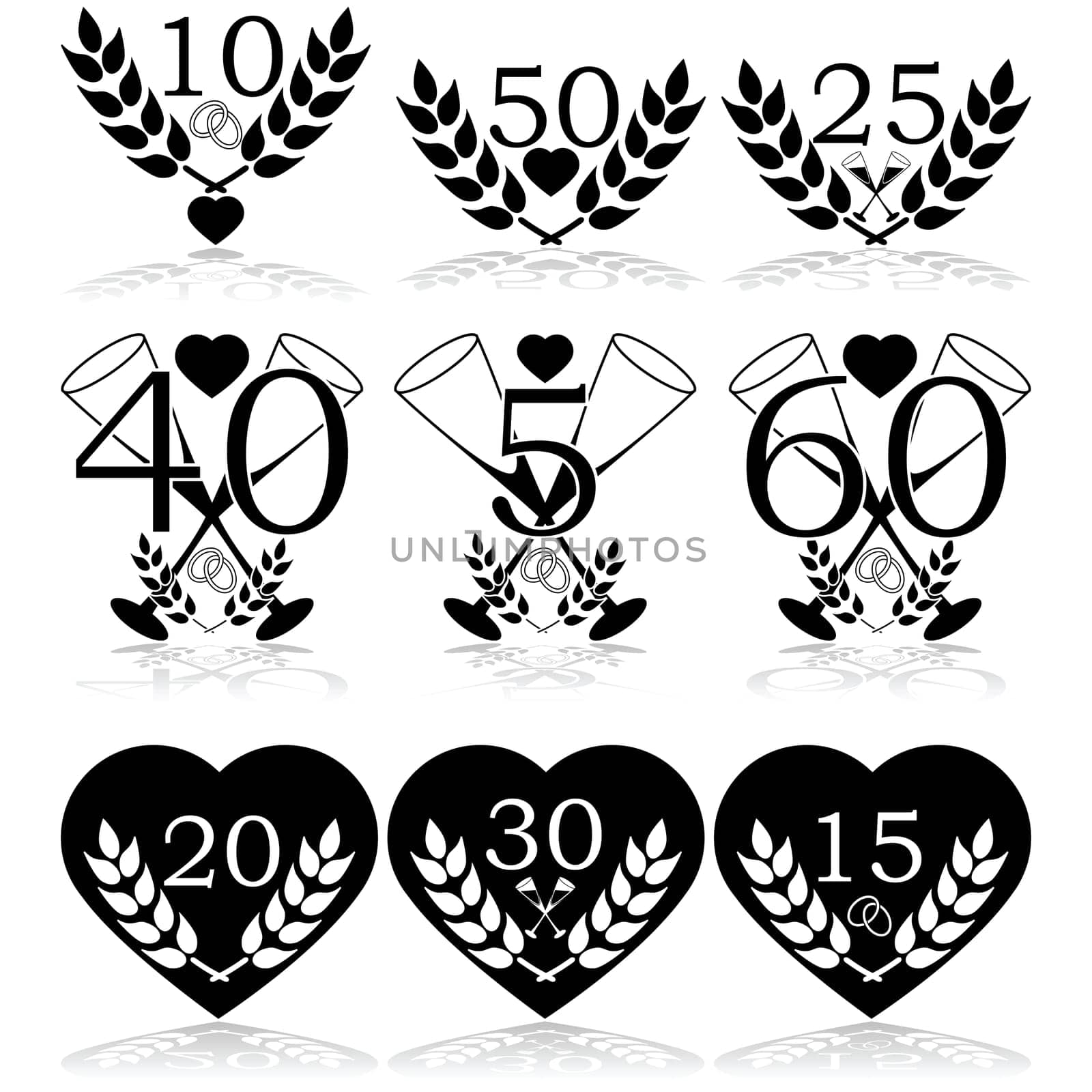 Icon set showing different wedding anniversary celebration icons for various years