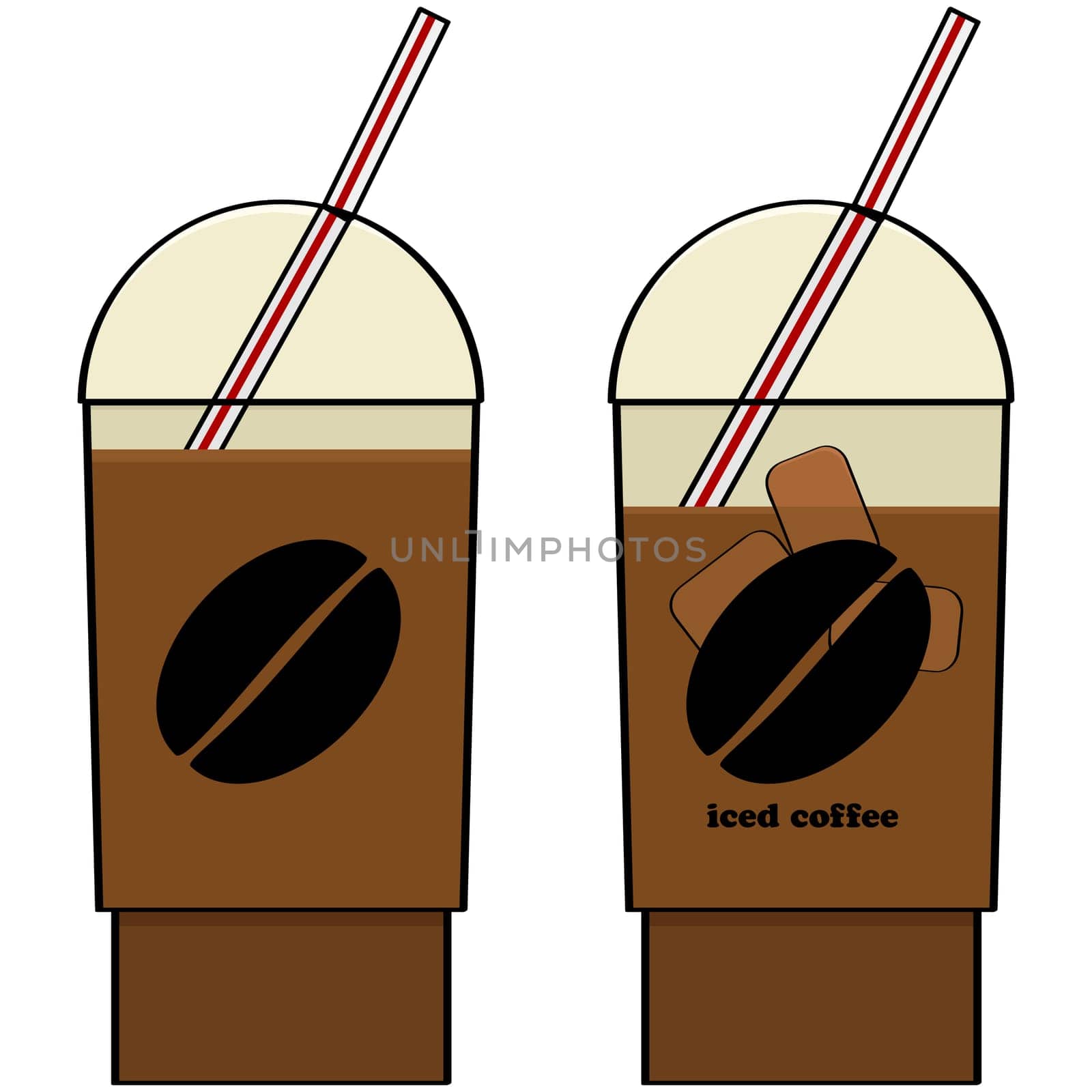 Cartoon illustration showing two plastic cups with iced coffee