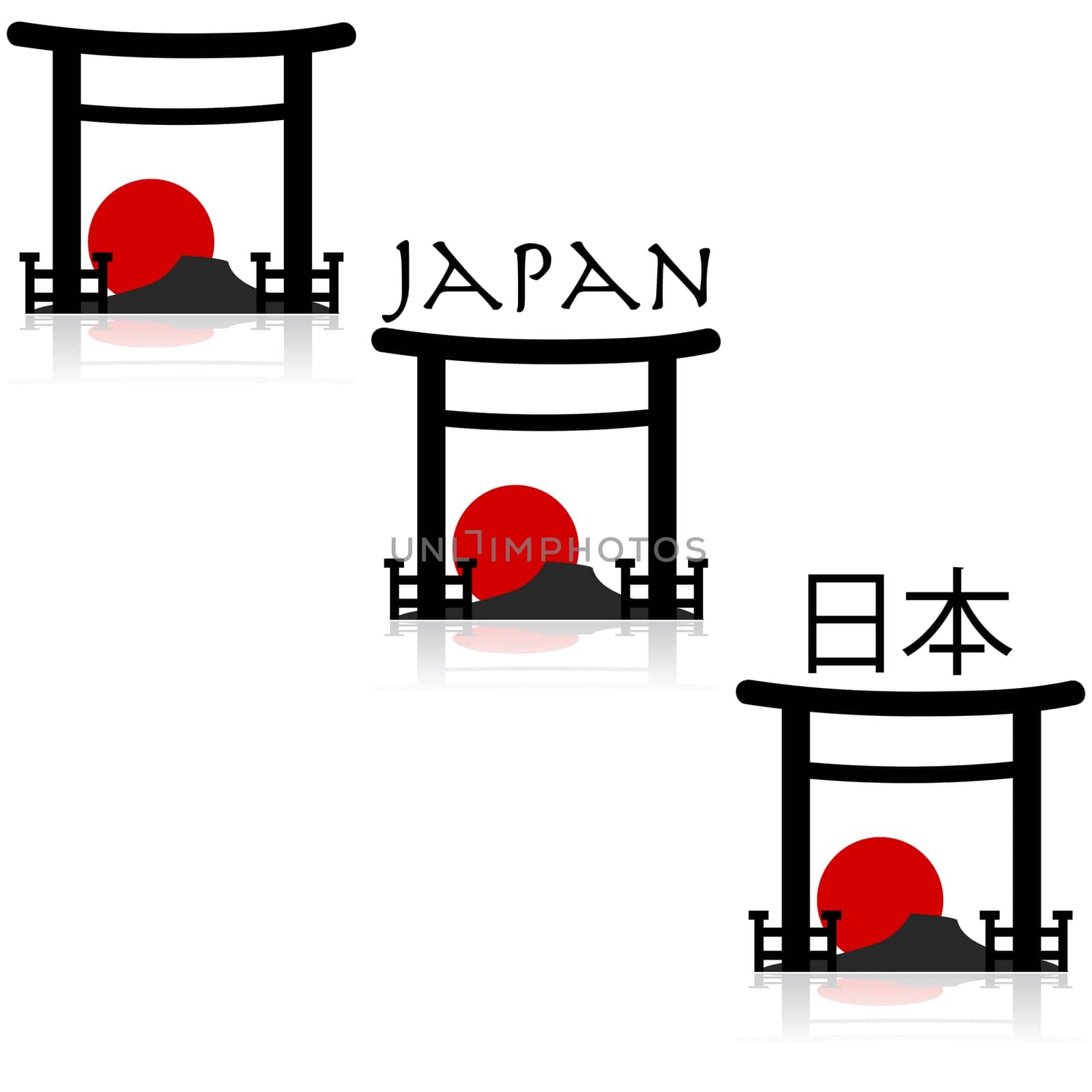 Icon set showing an outline of a Japanese temple with a mountain and a red sun in the background