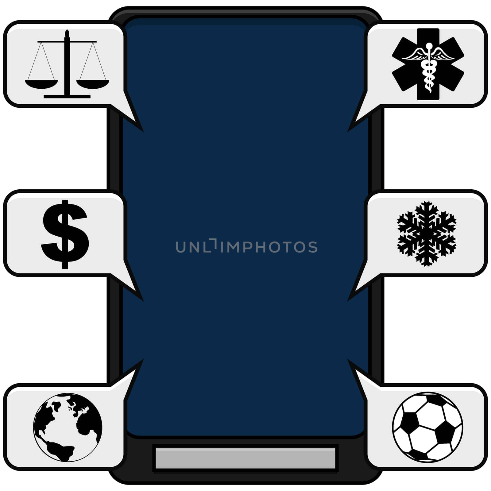 Cartoon illustration showing a smartphone and different topics being displayed