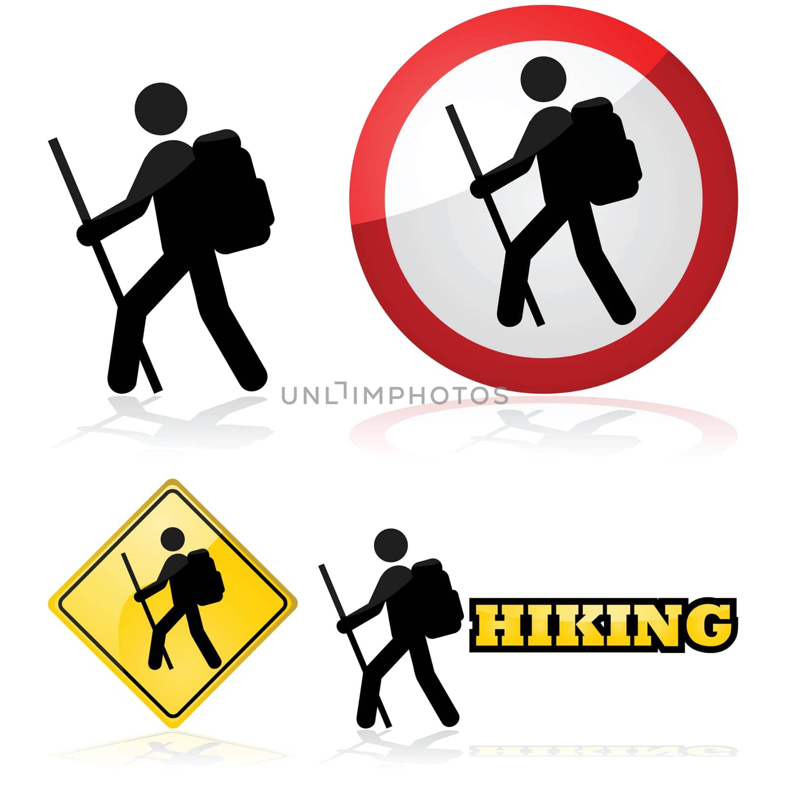 Icon set showing a man hiking carrying a backpack and a stick