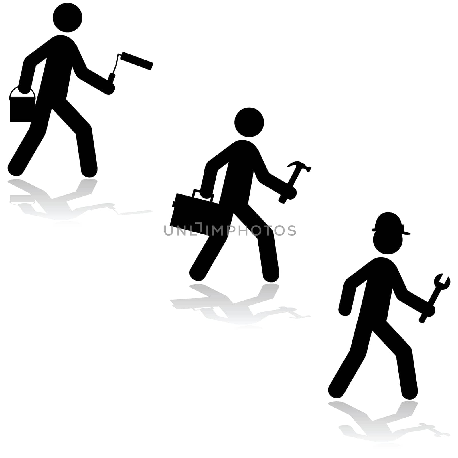 Icon illustration set showing a group of handymen carrying their tools