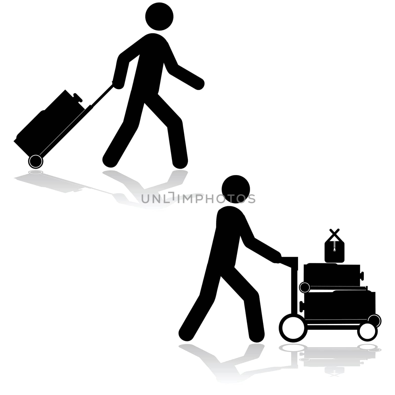 Icon set showing a man pulling a piece of luggage or carrying multiple items with a cart