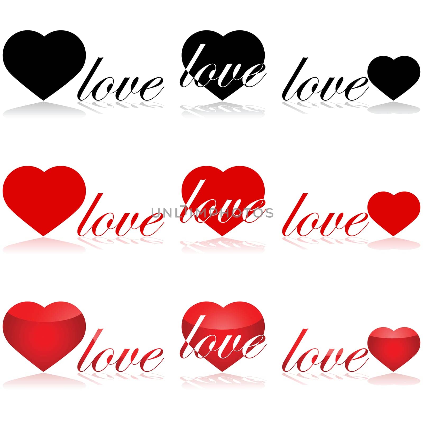 Icon set showing different arrangements and styles for the word 'love' and a heart