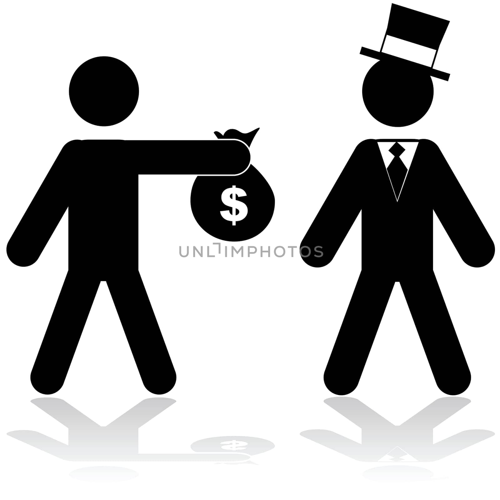 Concept illustration showing a man giving a bag of money to a rich person