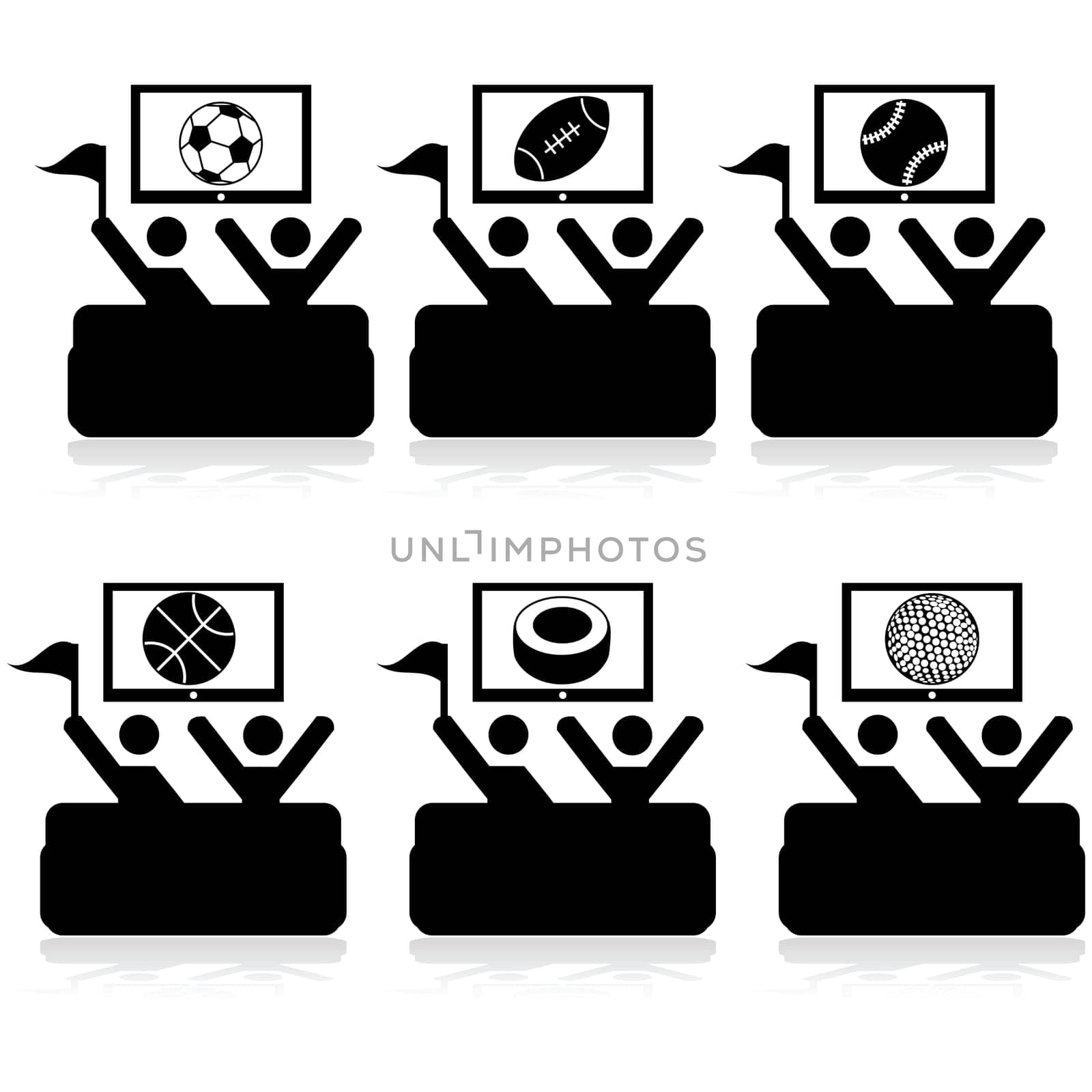 Icon set showing a couple of people watching different sports on TV