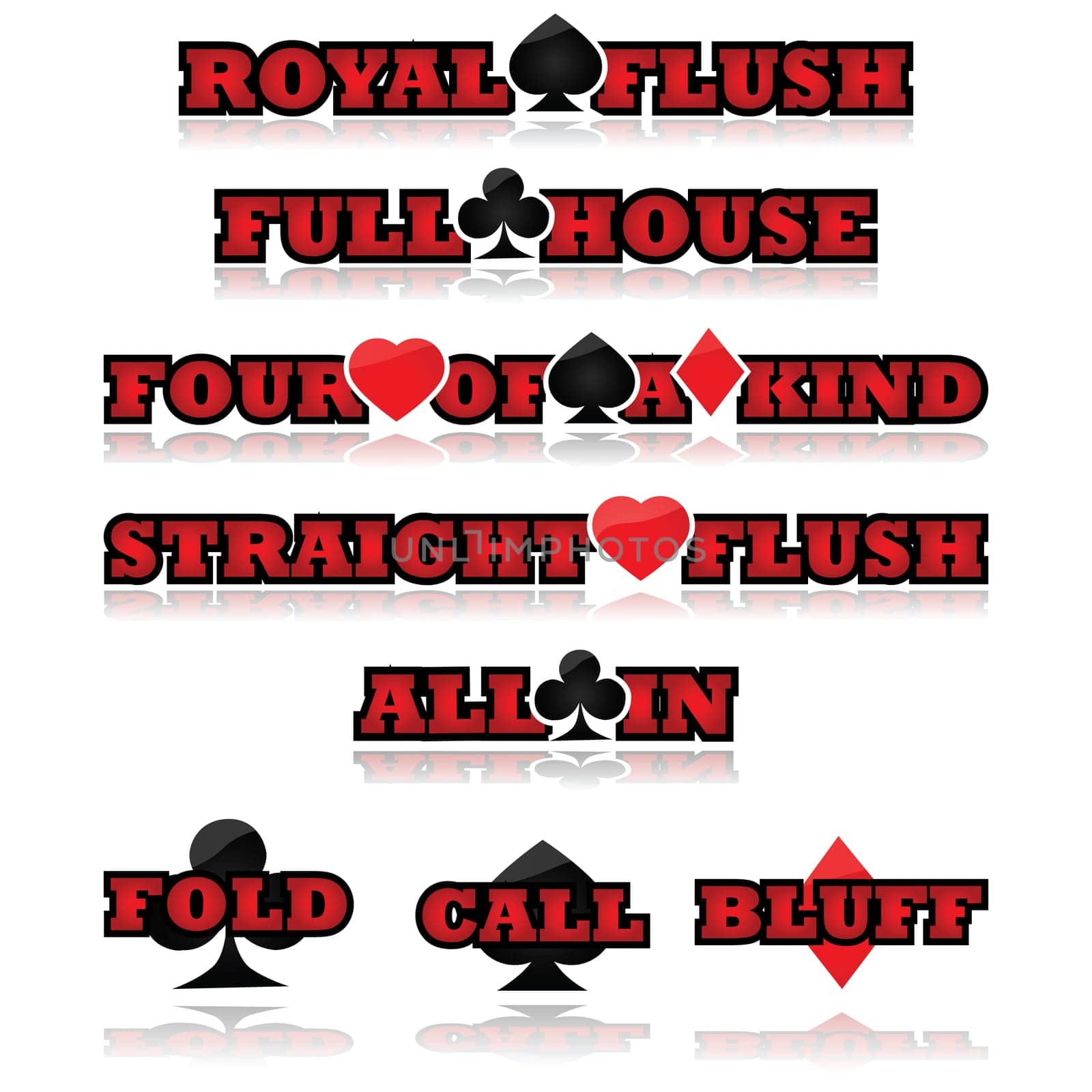 Concept illustration showing common poker expressions combined with card suites