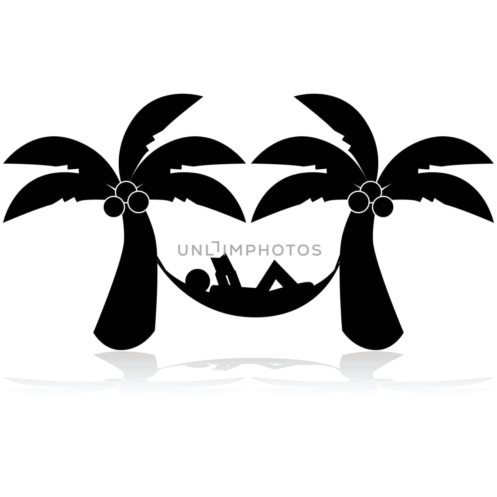 Icon illustration showing a man relaxing on a hammock between two palm trees