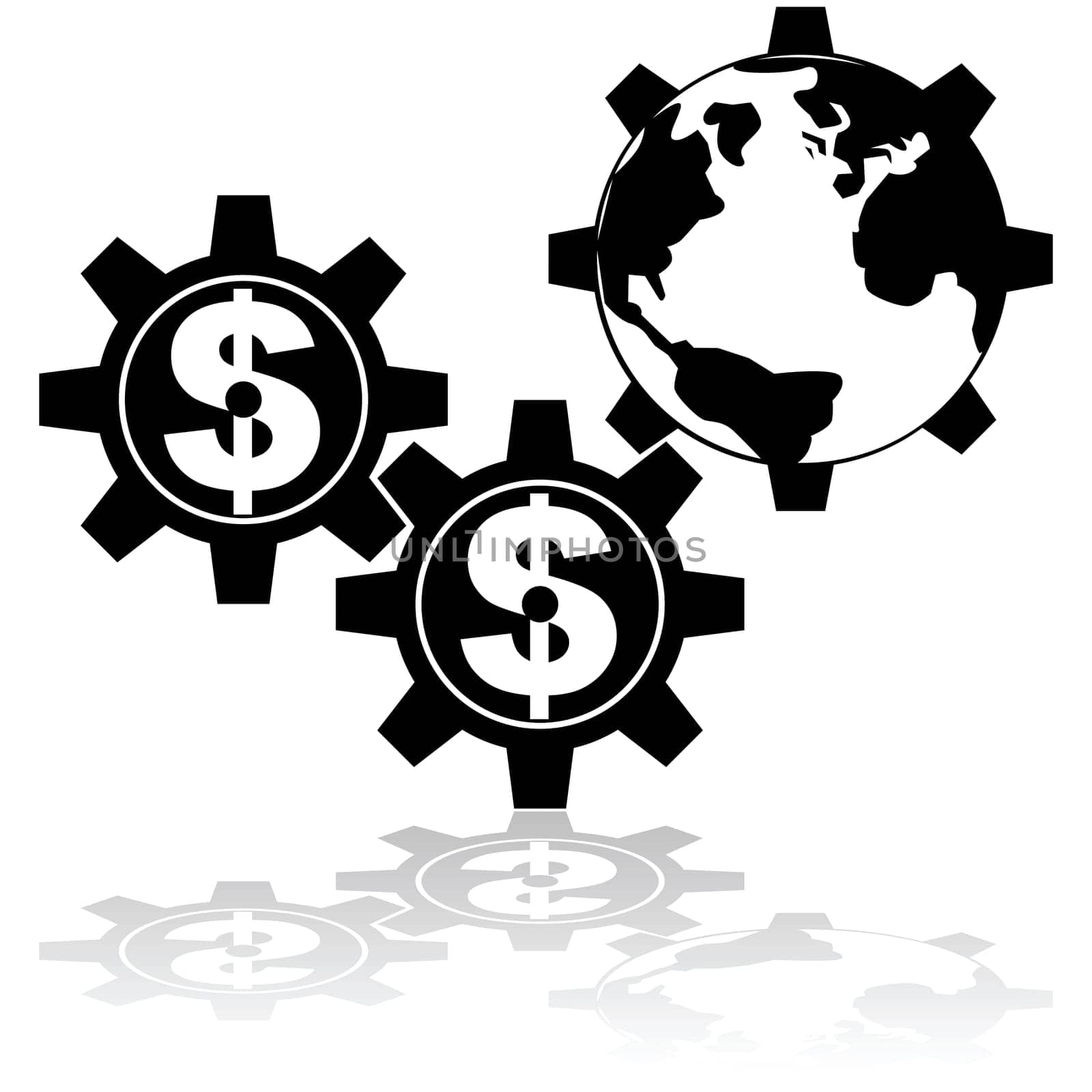 Concept illustration showing gear wheels with a dollar sign moving the world