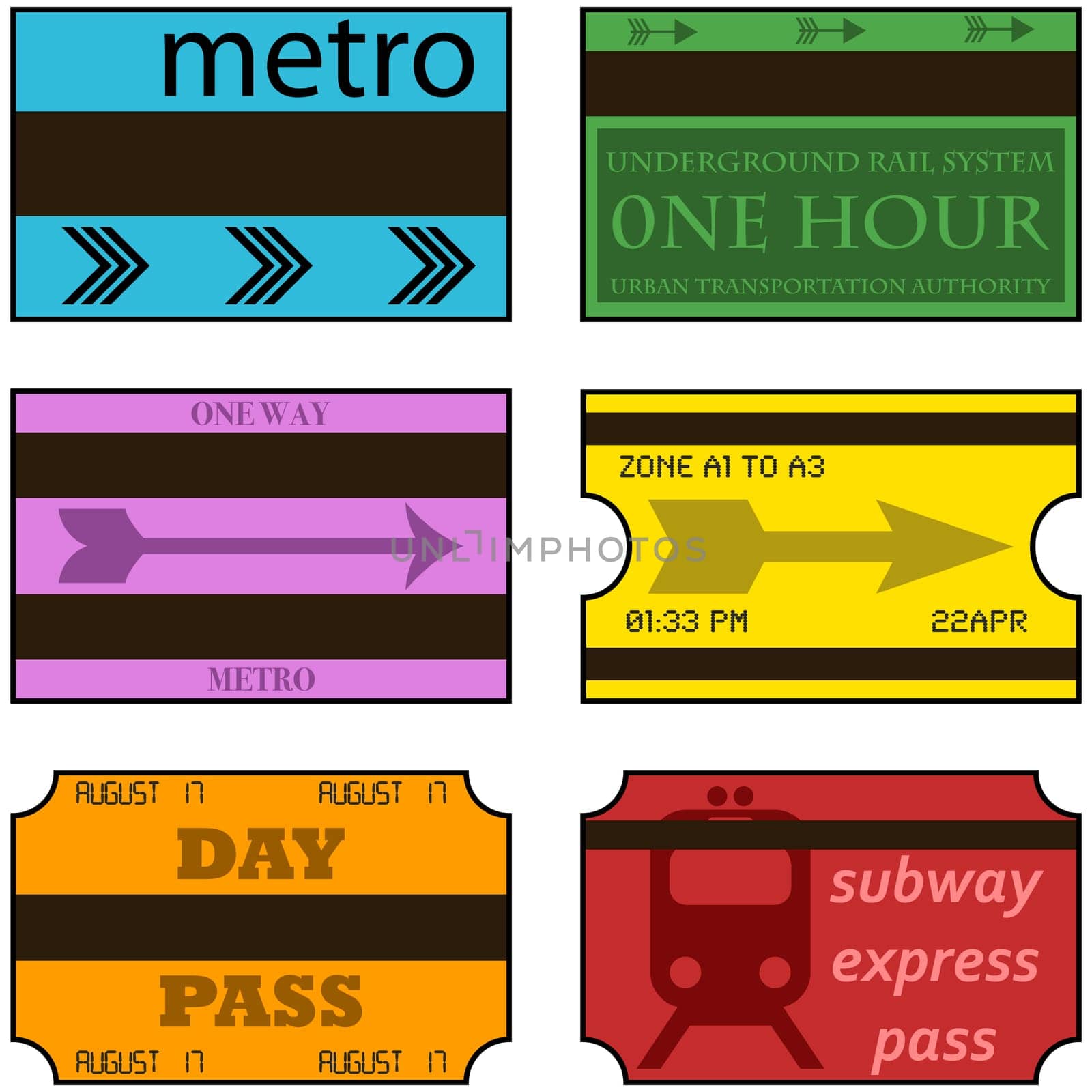 Cartoon illustration showing vintage retro style subway tickets
