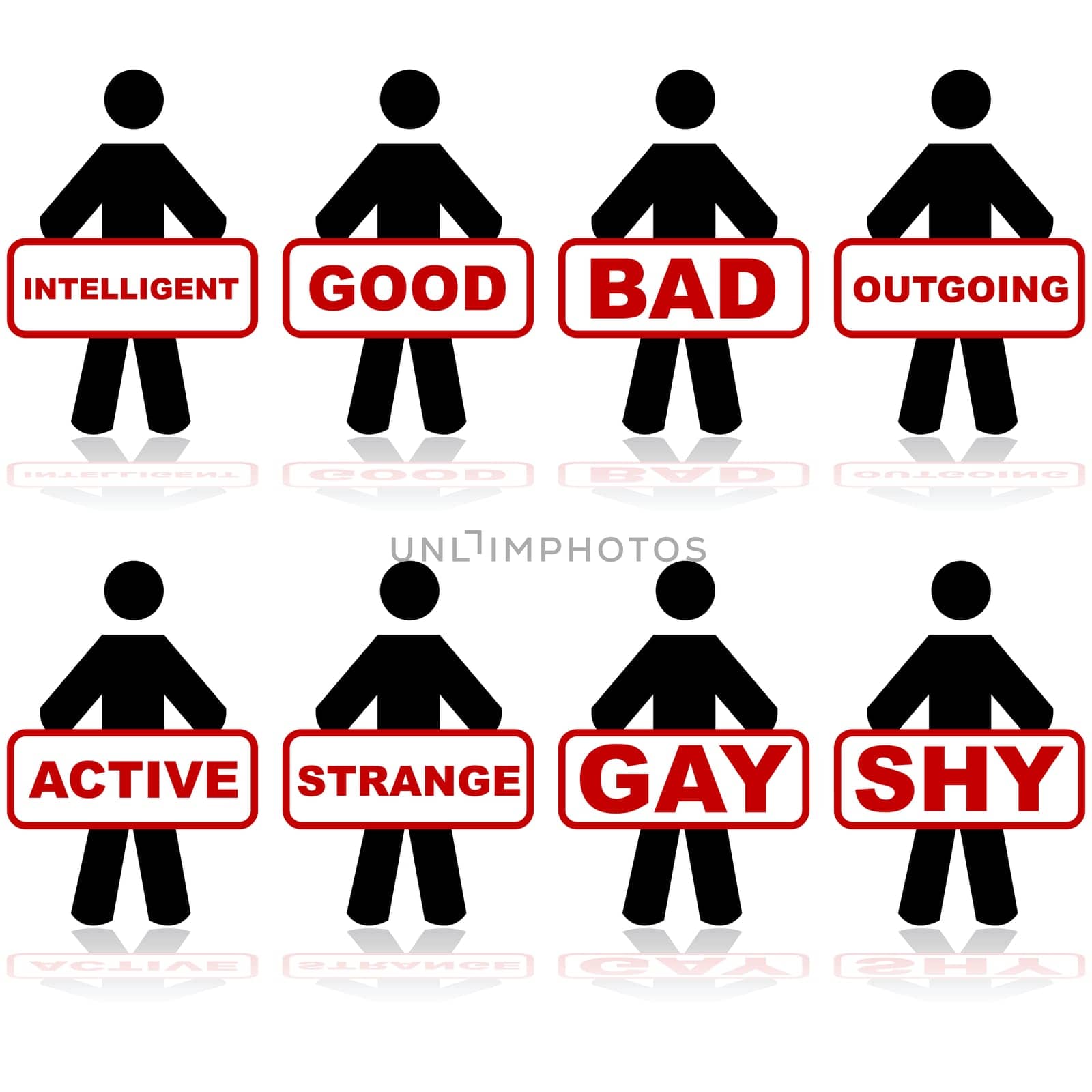 Concept illustration showing people holding labels which are commonly attributed to people