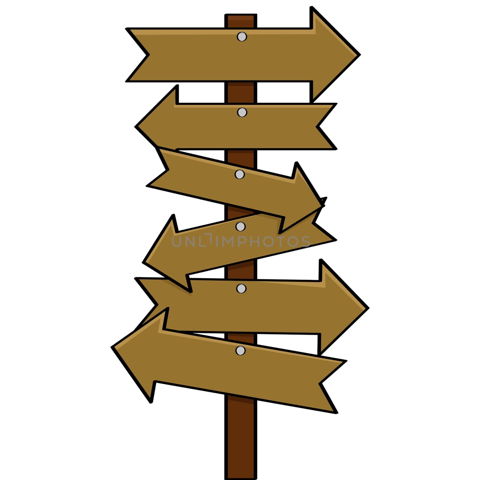 Cartoon illustration showing a post with multiple arrow signs pointing in different directions
