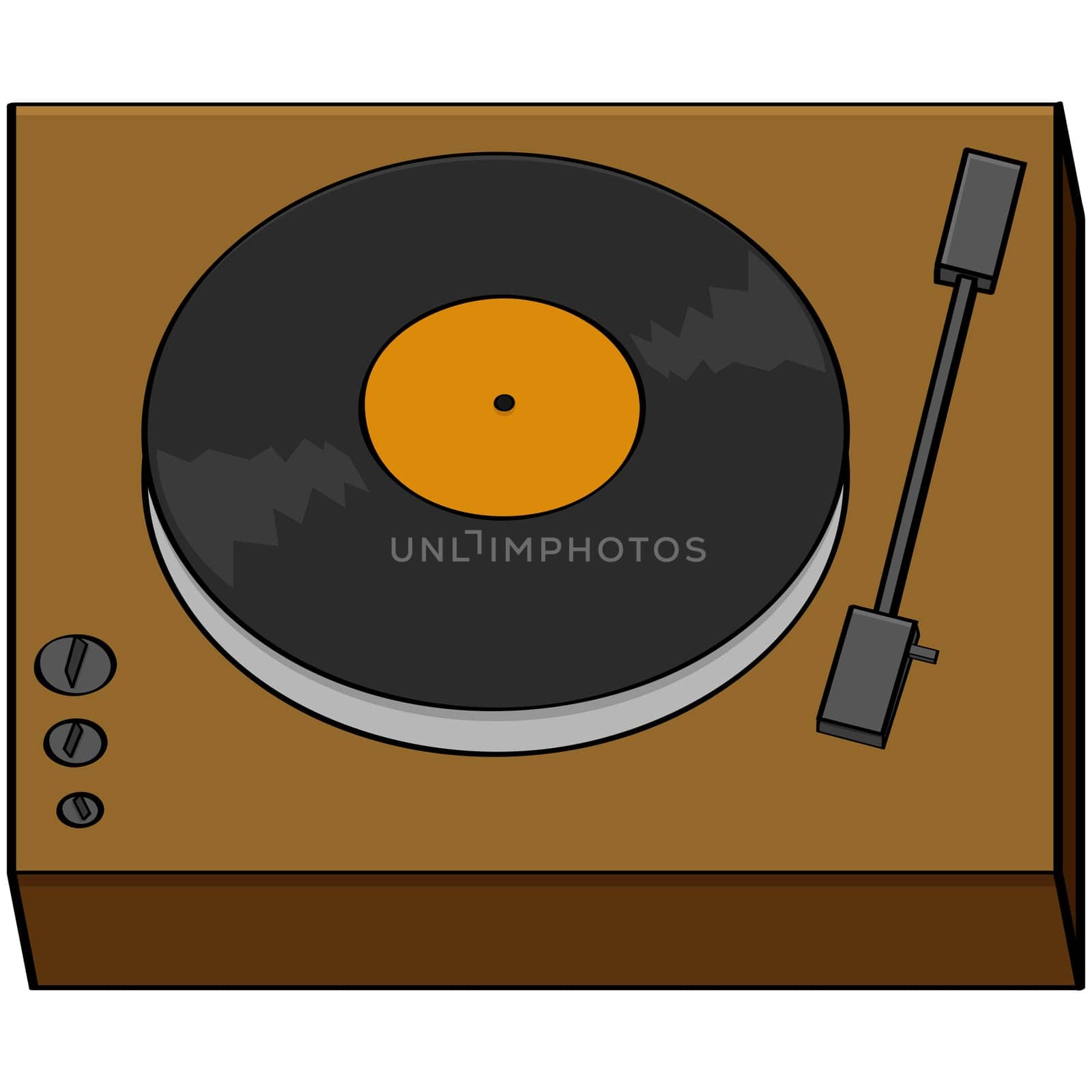 Cartoon illustration of an old turntable with a music record on it
