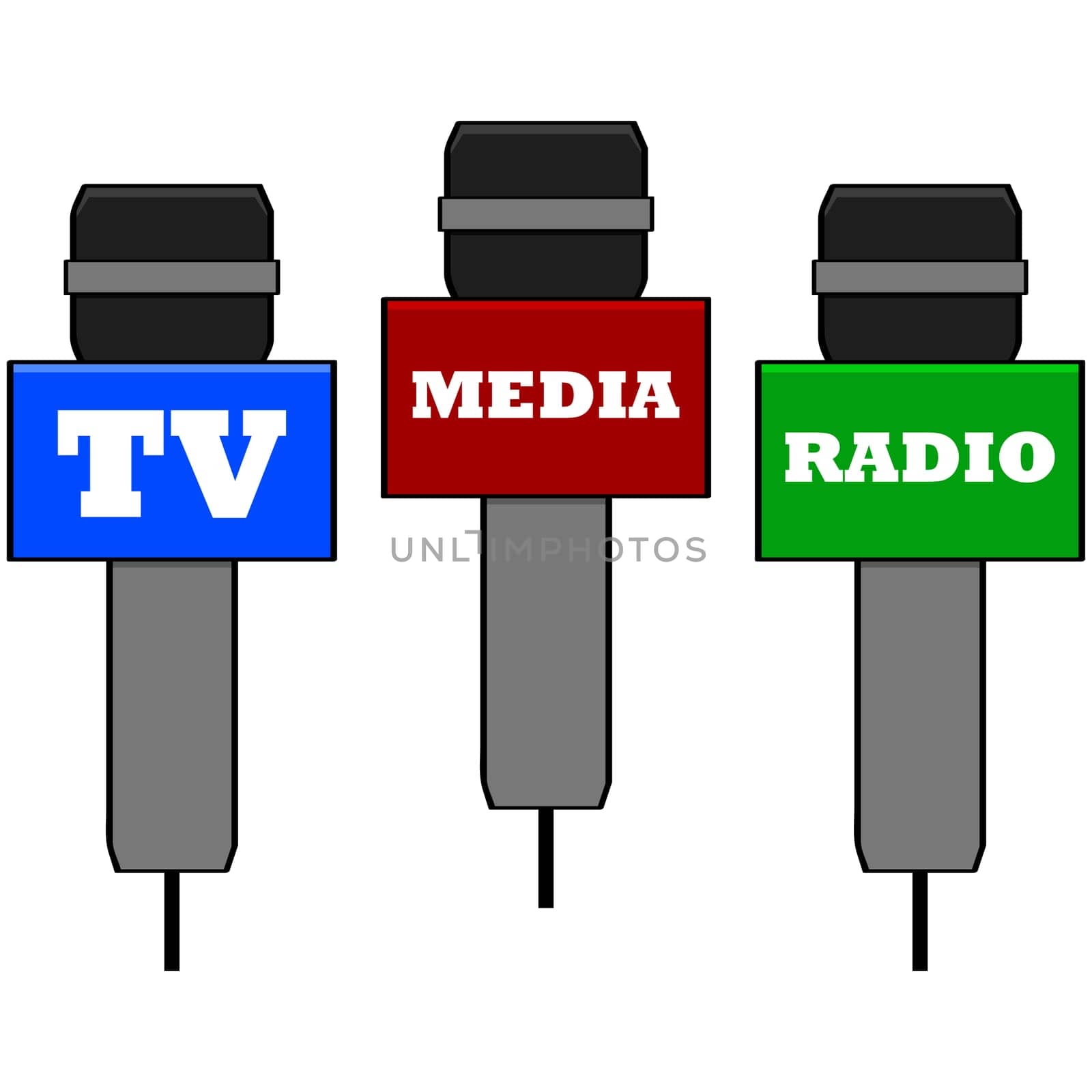Cartoon illustration showing microphones used by different media channels
