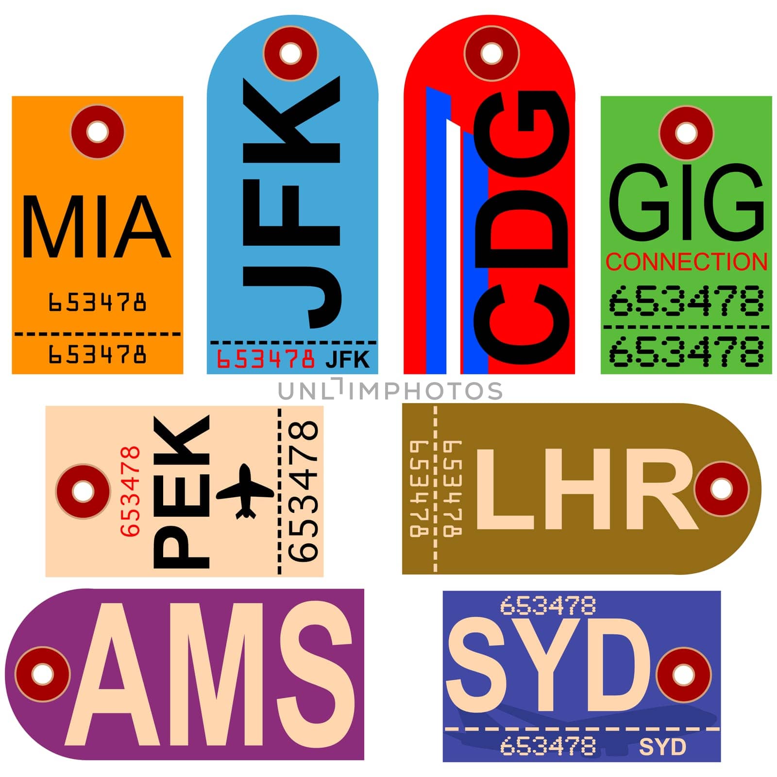 Old style illustration showing retro looking airplane tags with different airport codes