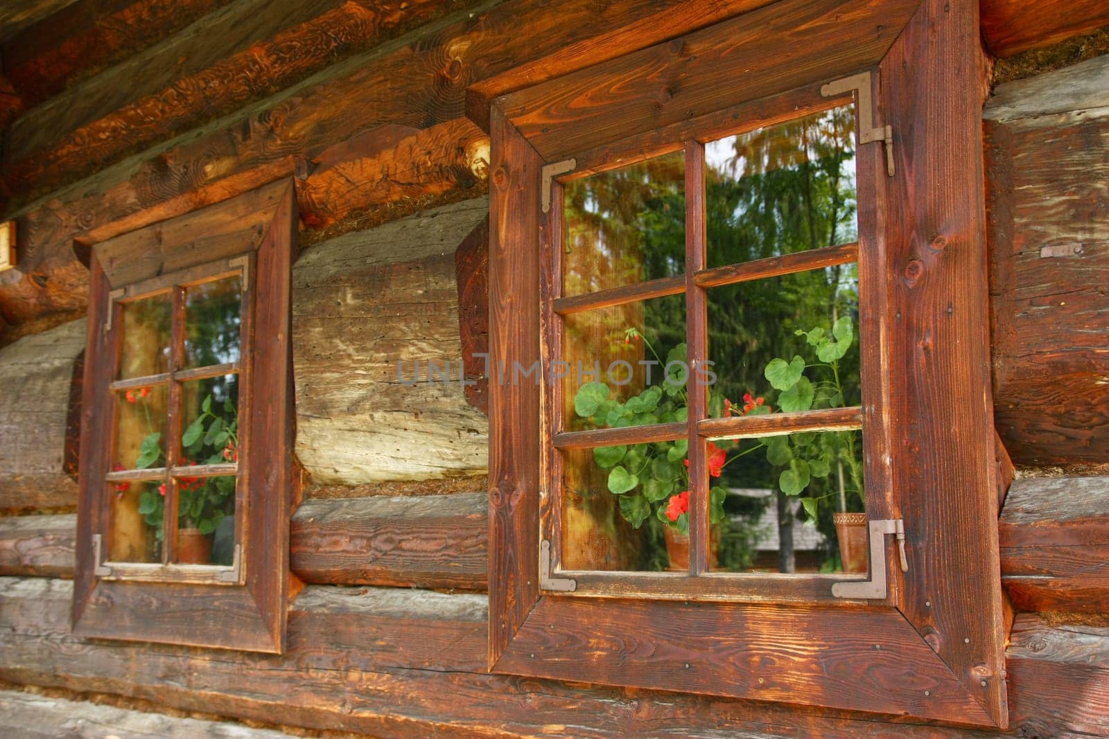 Close up view of rural house with wooden windows