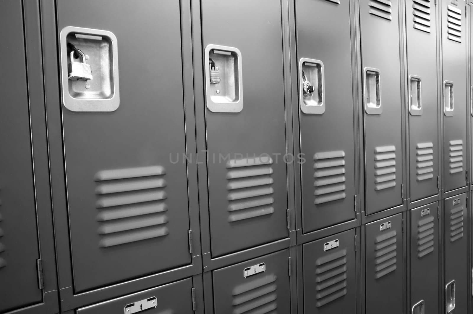 A row of locked starage lockers horizontal composition