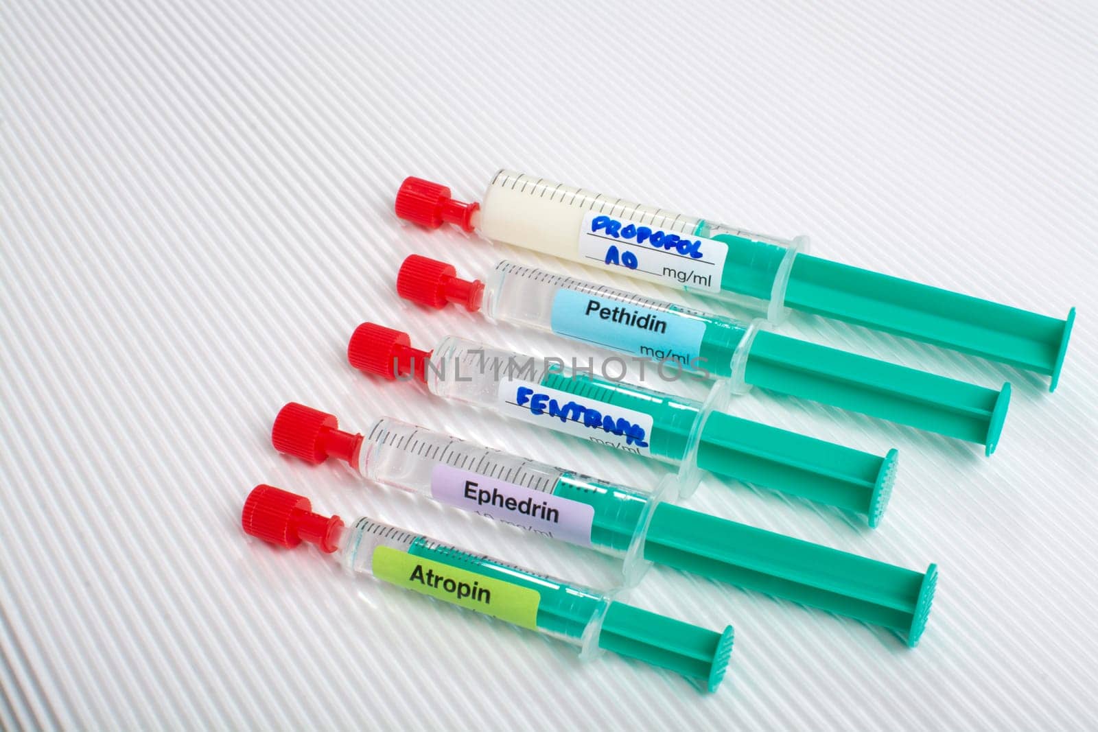 Syringes with anaesthetic drugs prepared for anaethesia induction
