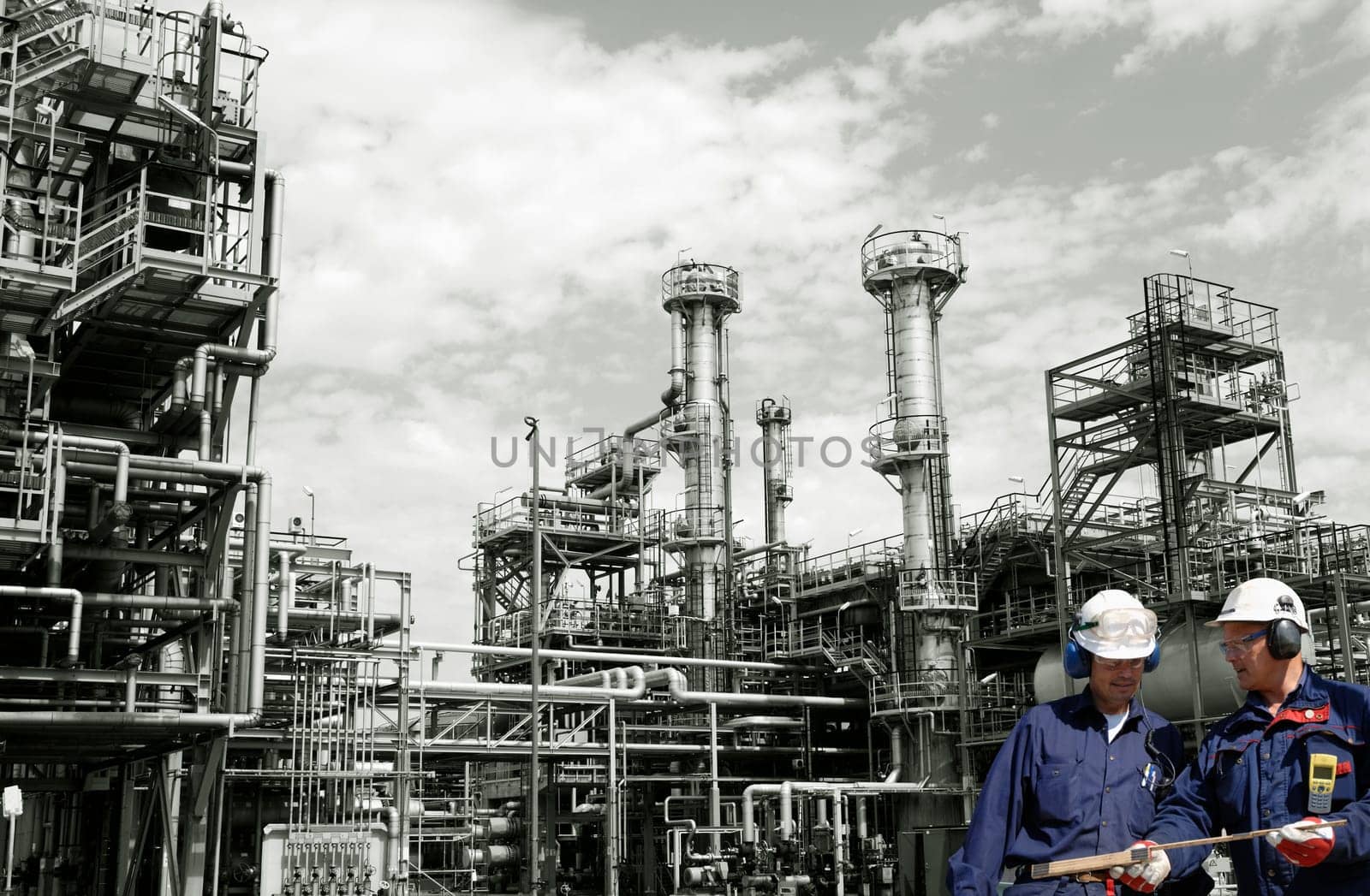 two oil and gas workers inside large petrochemical refinery, pipelines and towers