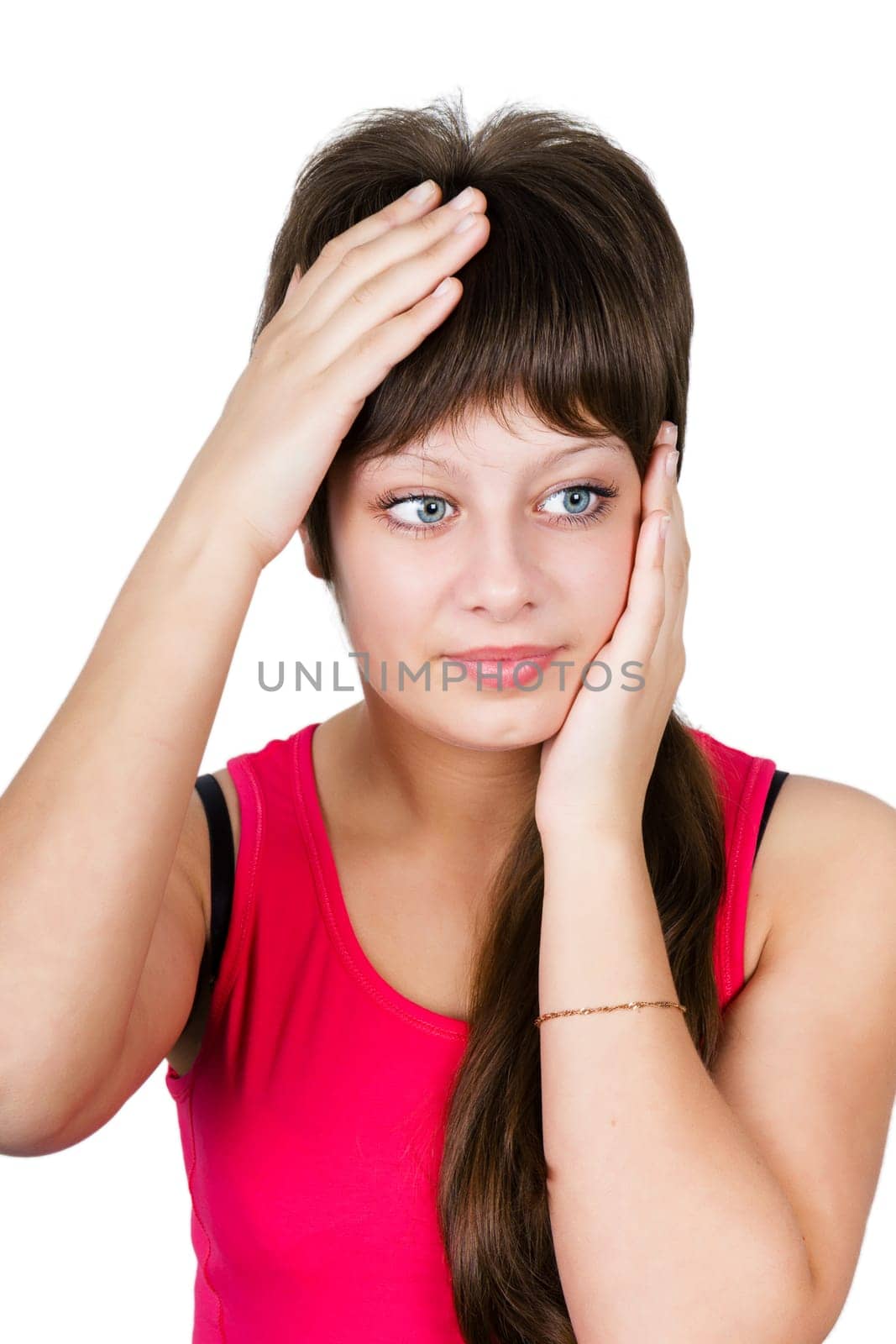 young beautiful girl suffering from a headache. isolation