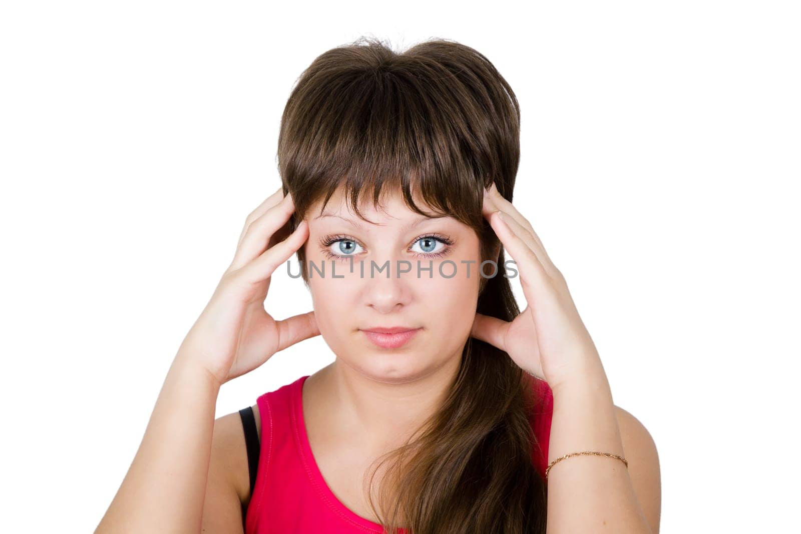 young beautiful girl suffering from a headache. isolation