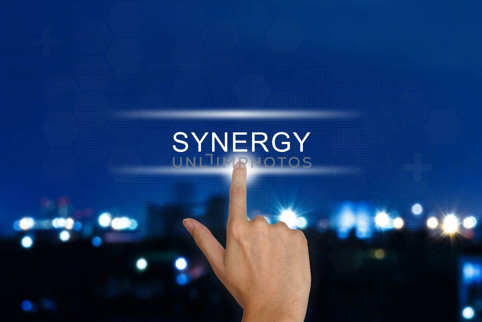 hand clicking synergy button on a touch screen interface