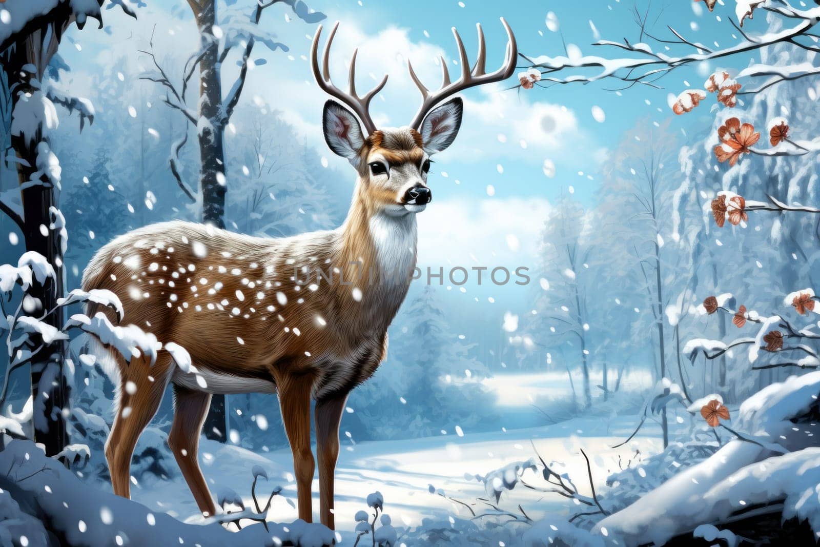 An enchanting winter tableau, showcasing the grace and resilience of wildlife, including deer, birds, and squirrels, in their natural habitats during the frosty season.