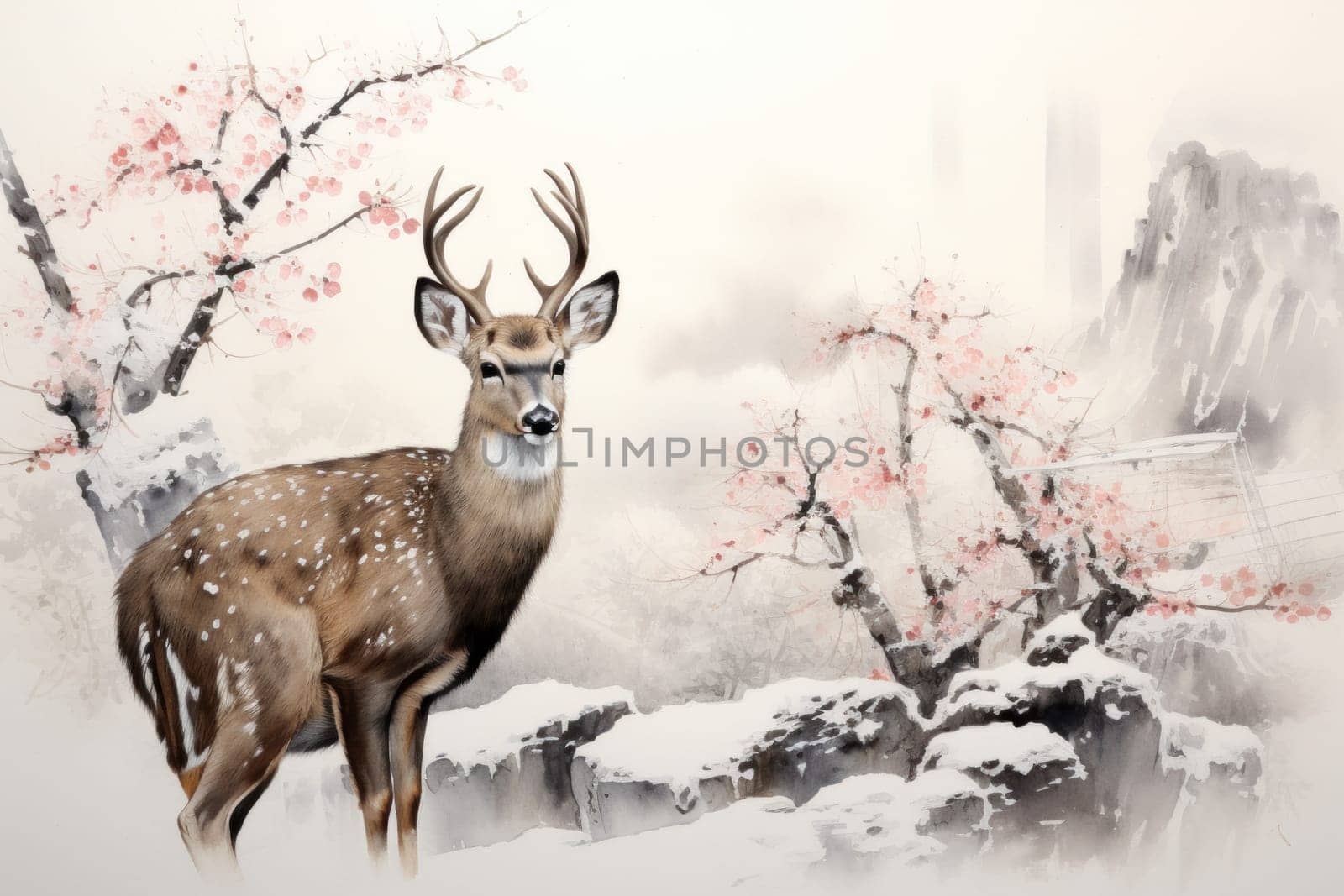 An enchanting winter tableau, showcasing the grace and resilience of wildlife, including deer, birds, and squirrels, in their natural habitats during the frosty season.