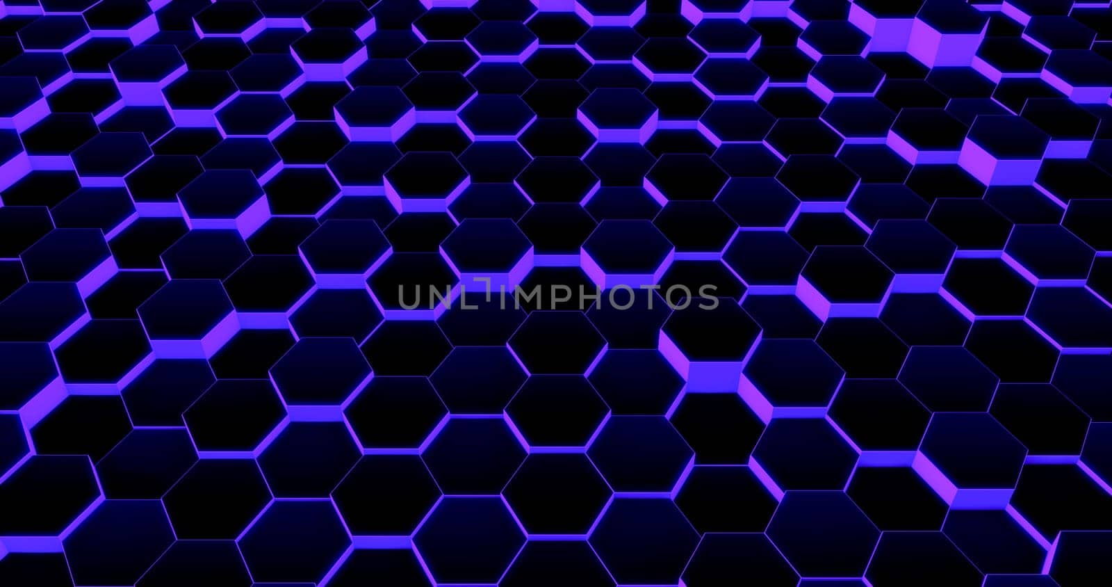 Technological hexagonal background with purple neon illumination. 3D rendering.